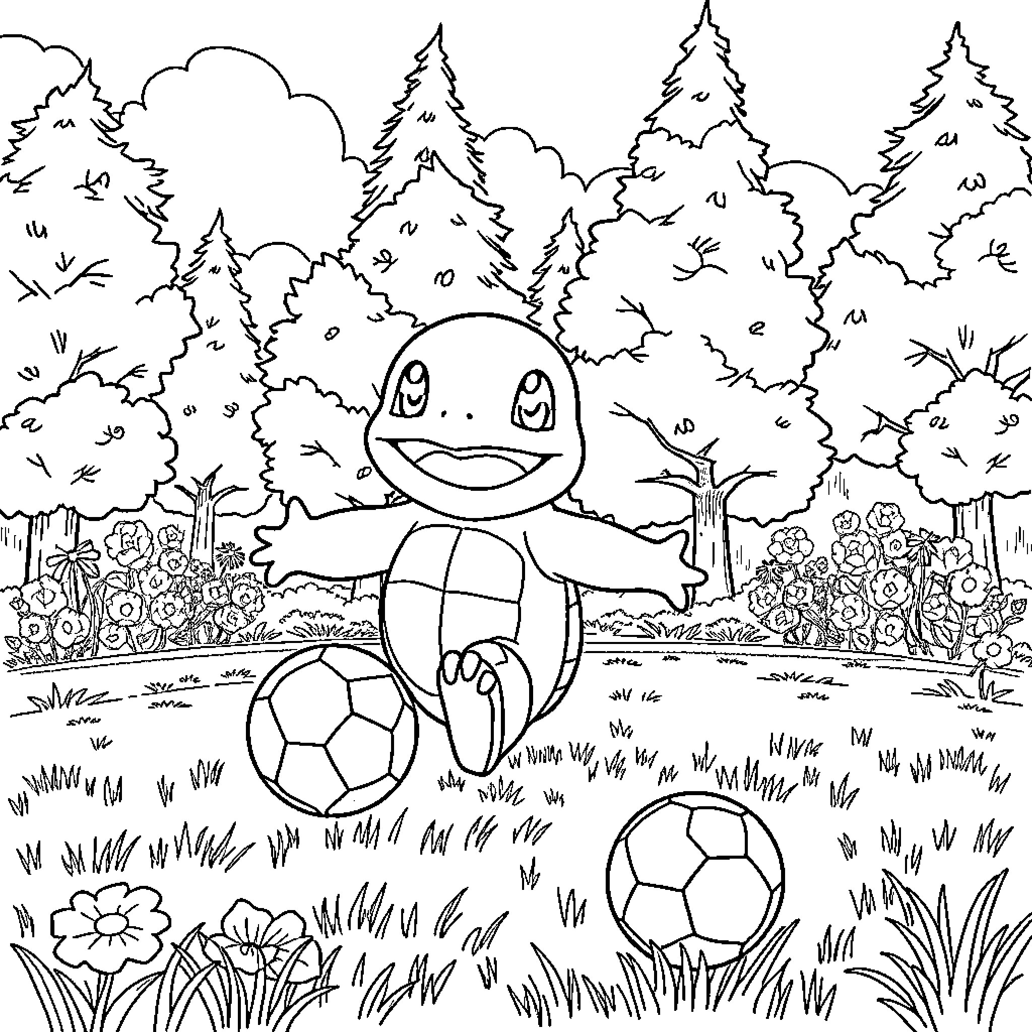 Squirtle playing with soccer balls in a forest Coloring Page (free black-and-white line drawing printable PDF for all, from beginners to advanced learners, including children, teens, adults, and seniors)