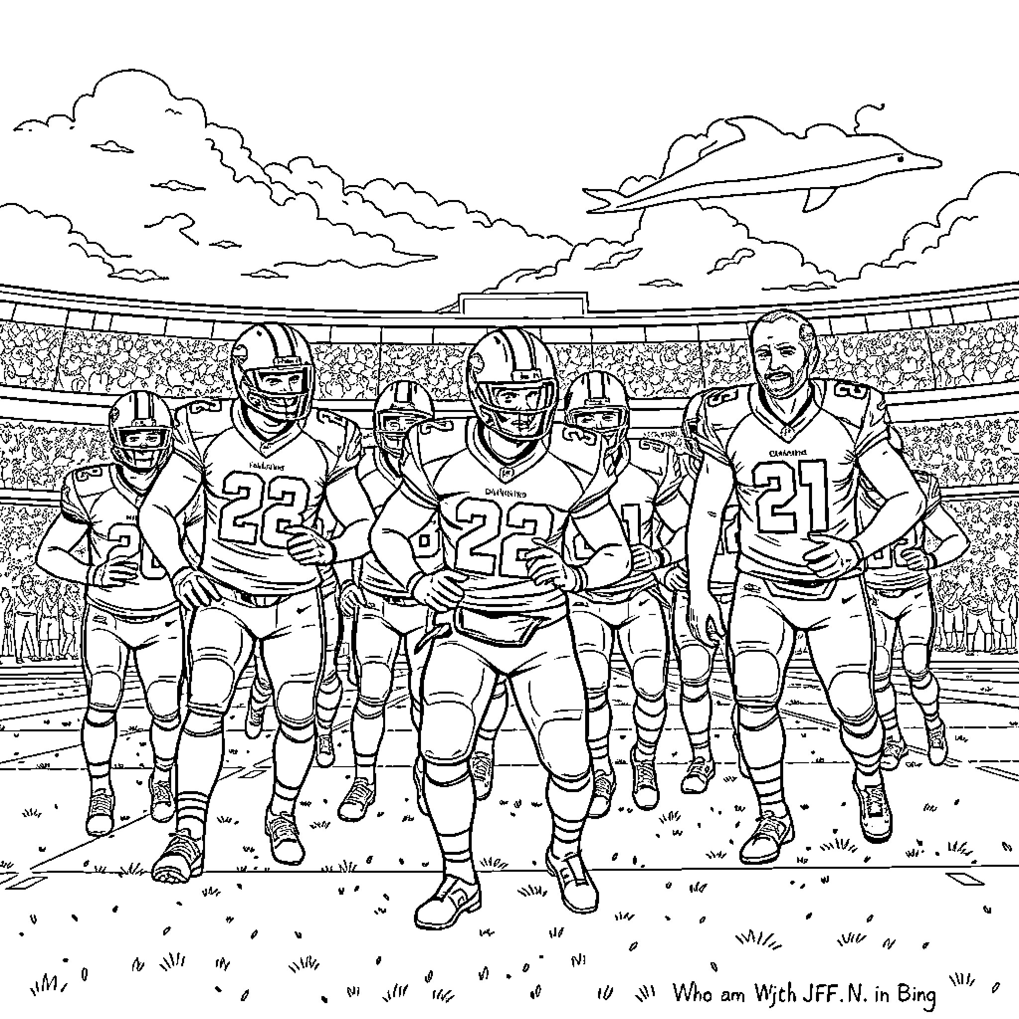 Dolphin Players in Action on the Football Field Coloring Page (free black-and-white line drawing printable PDF for all, from beginners to advanced learners, including children, teens, adults, and seniors)
