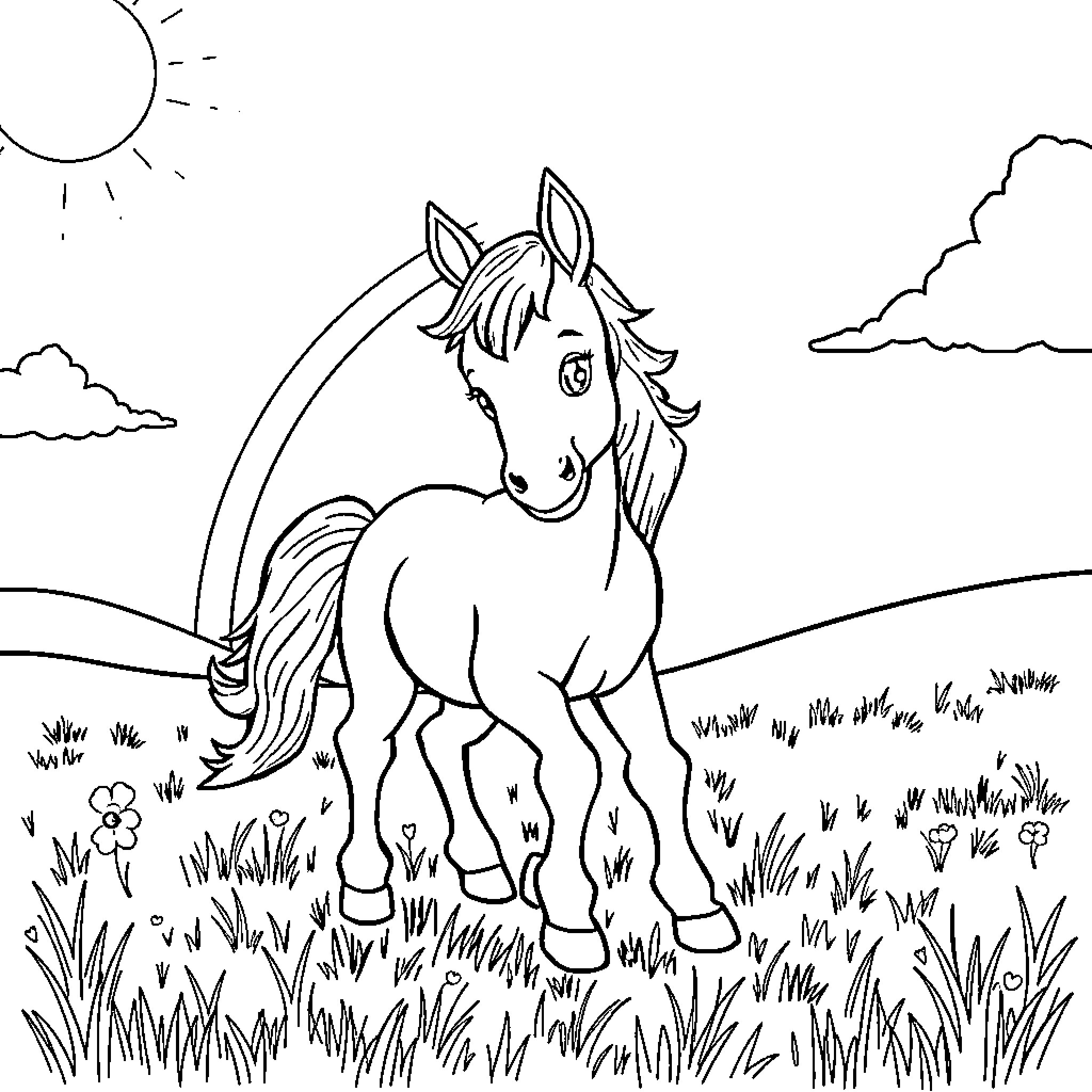 Horse enjoying the countryside scenery Coloring Page (free black-and-white line drawing printable PDF for all, from beginners to advanced learners, including children, teens, adults, and seniors)