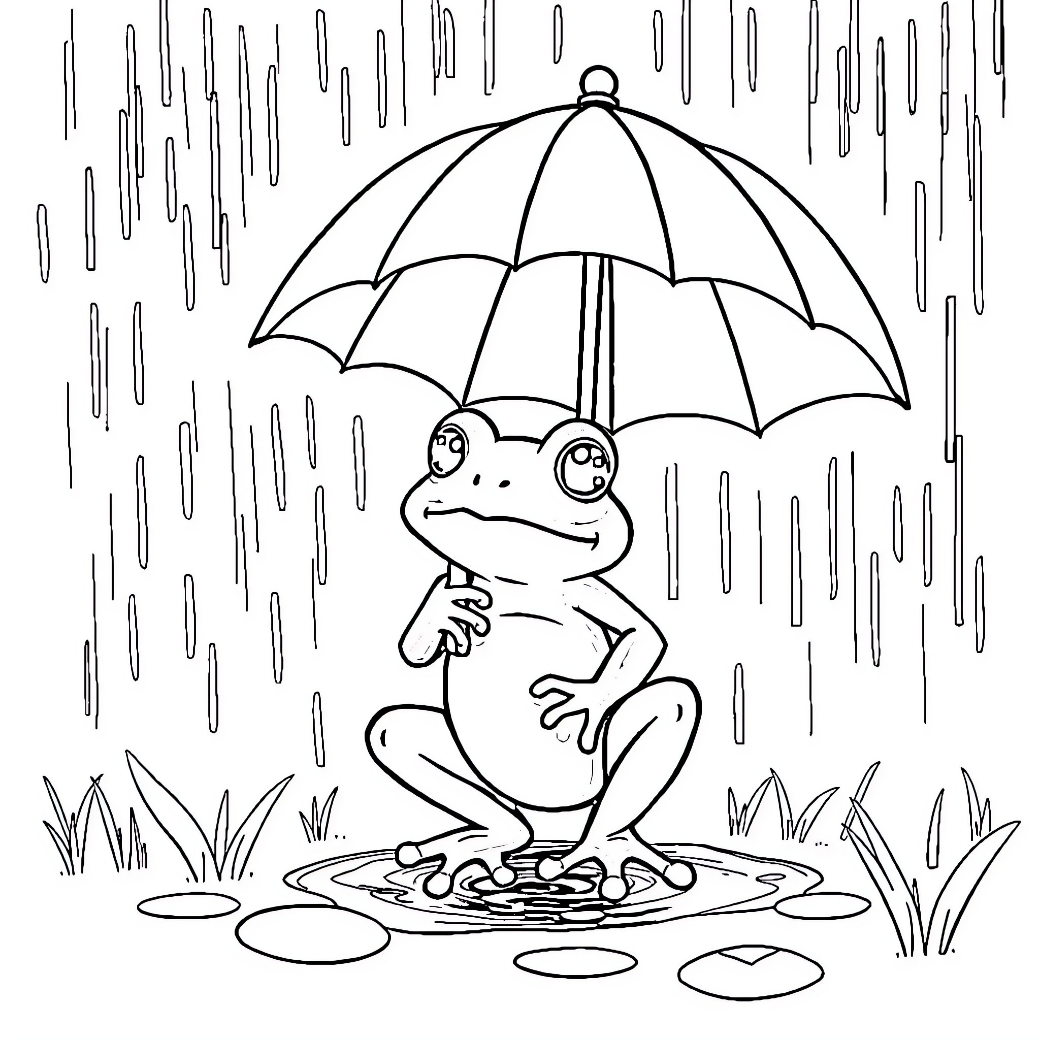 Frog keeping dry under umbrella in rainy weather Coloring Page (free black-and-white line drawing printable PDF for all, from beginners to advanced learners, including children, teens, adults, and seniors)