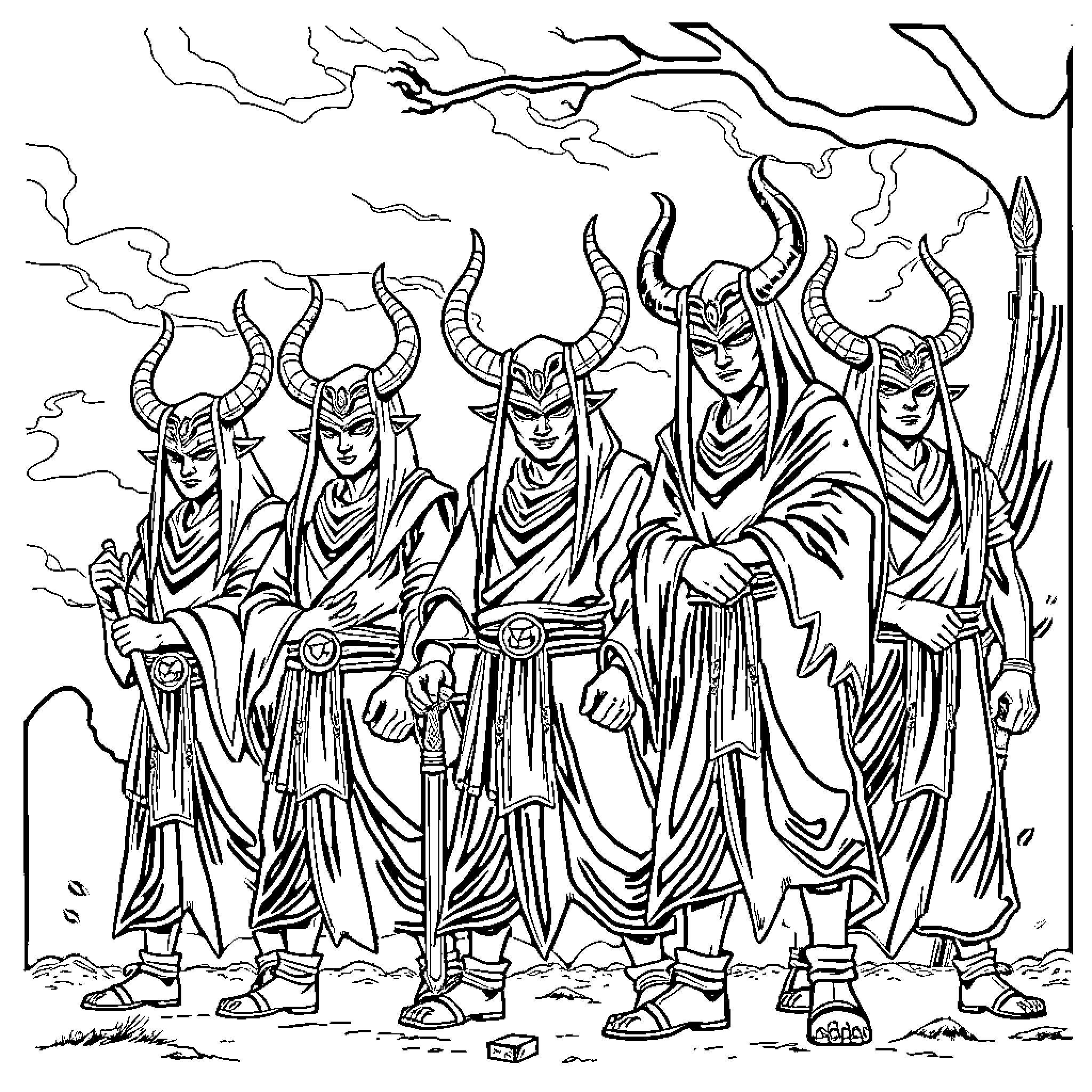 Demon Hunters in Mystical Attire Wielding Weapons Coloring Page (free black-and-white line drawing printable PDF for all, from beginners to advanced learners, including children, teens, adults, and seniors)