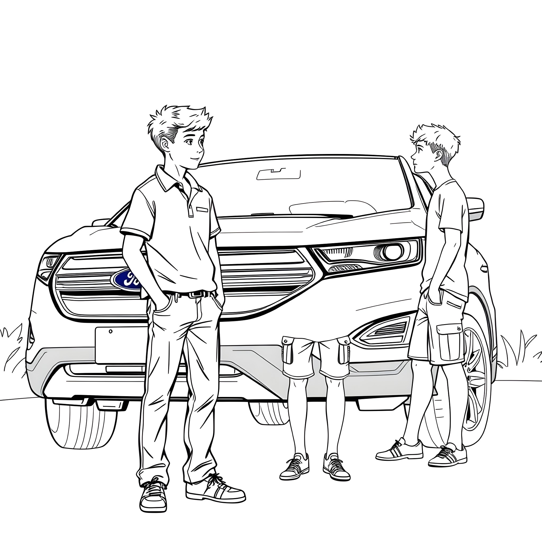 Teen Guy Exploring Car with Friend Coloring Page (free black-and-white line drawing printable PDF for all, from beginners to advanced learners, including children, teens, adults, and seniors)
