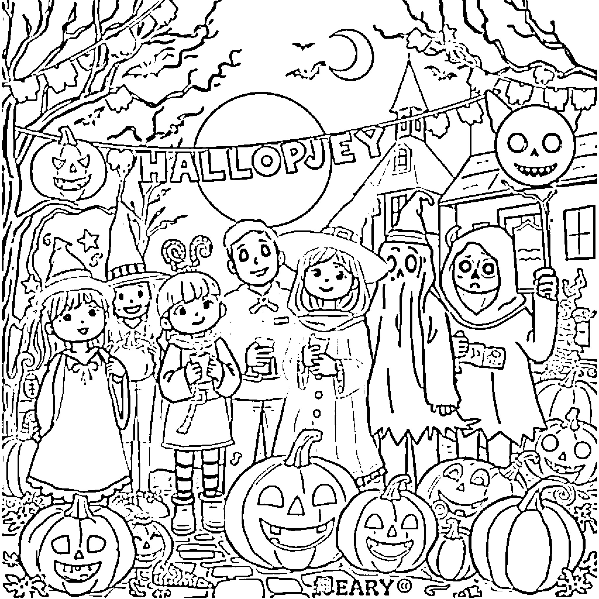 Person Celebrating Halloween in Creepy but Festive Setting Coloring Page (free black-and-white line drawing printable PDF for all, from beginners to advanced learners, including children, teens, adults, and seniors)