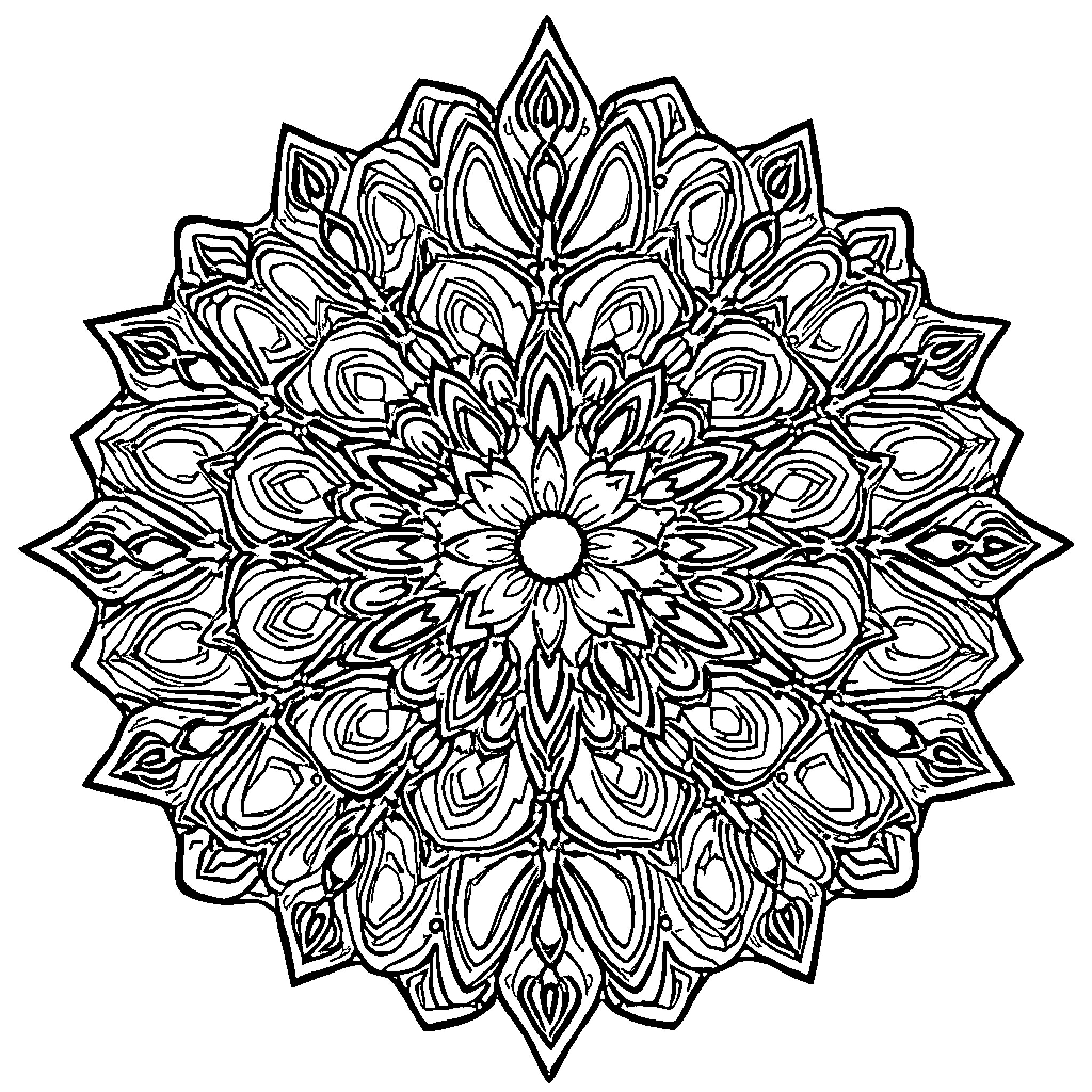 Mandala with intricate floral patterns Coloring Page (free black-and-white line drawing printable PDF for all, from beginners to advanced learners, including children, teens, adults, and seniors)