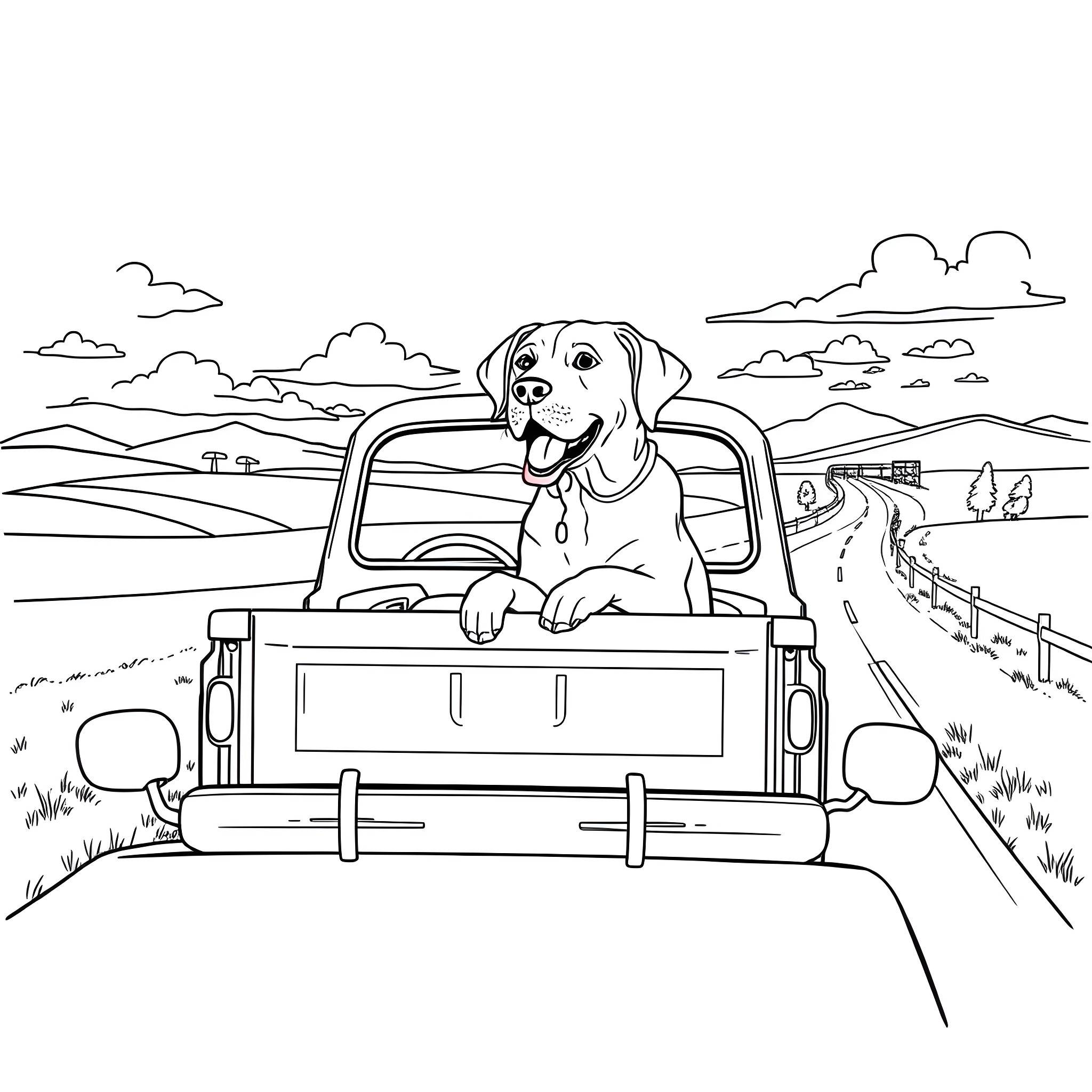 Labrador relaxing in the back of a truck on a scenic road trip Coloring Page (free black-and-white line drawing printable PDF for all, from beginners to advanced learners, including children, teens, adults, and seniors)