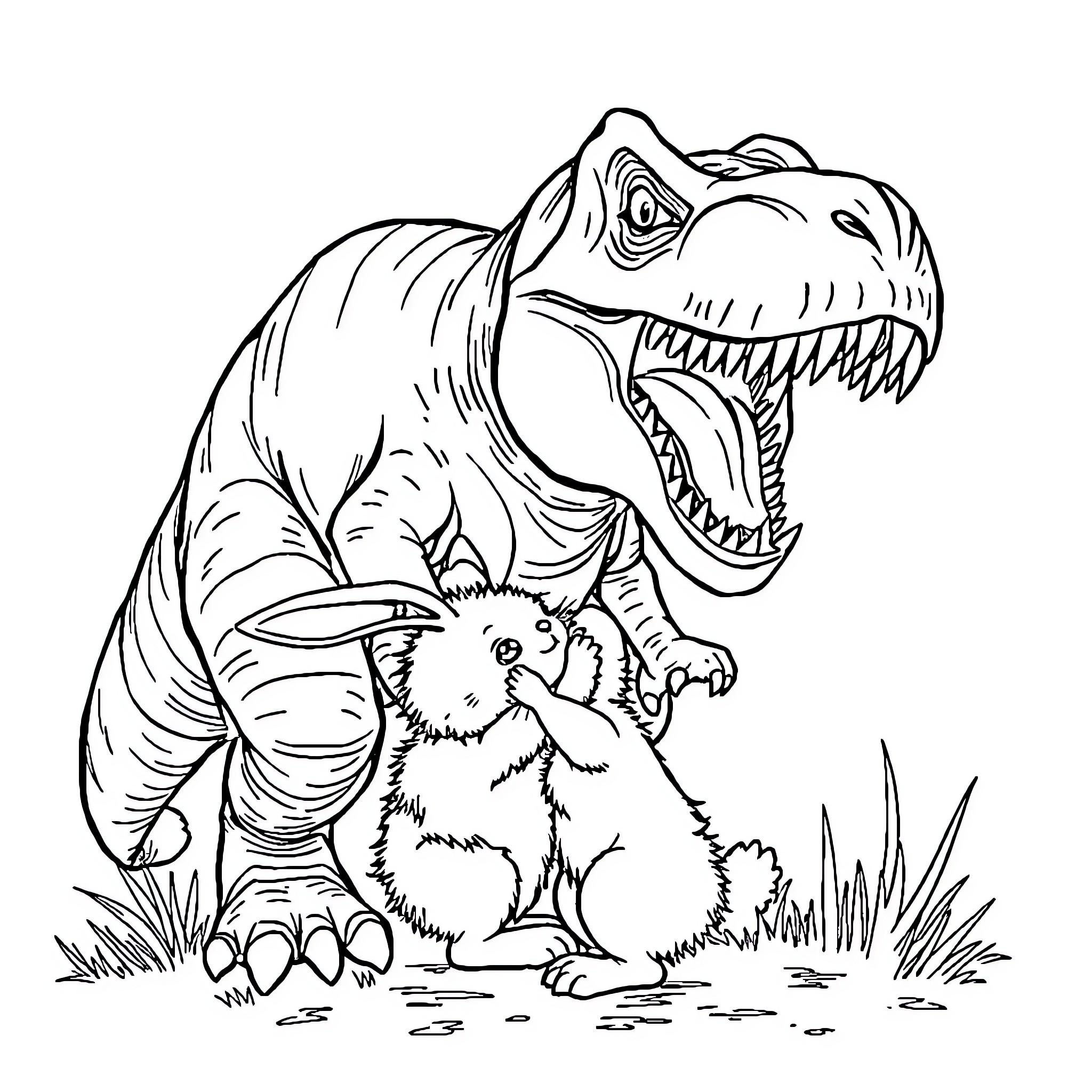 Bunny Startled by Ferocious Dinosaur Coloring Page (free black-and-white line drawing printable PDF for all, from beginners to advanced learners, including children, teens, adults, and seniors)