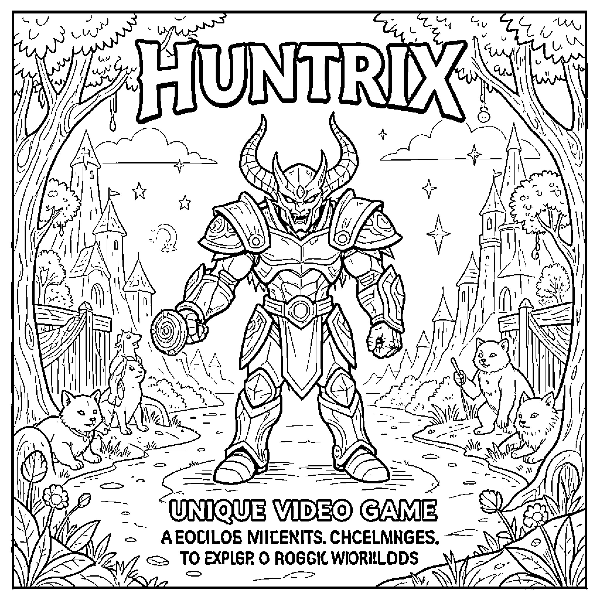 Huntrix: Fearless warrior in fantastical realm Coloring Page (free black-and-white line drawing printable PDF for all, from beginners to advanced learners, including children, teens, adults, and seniors)