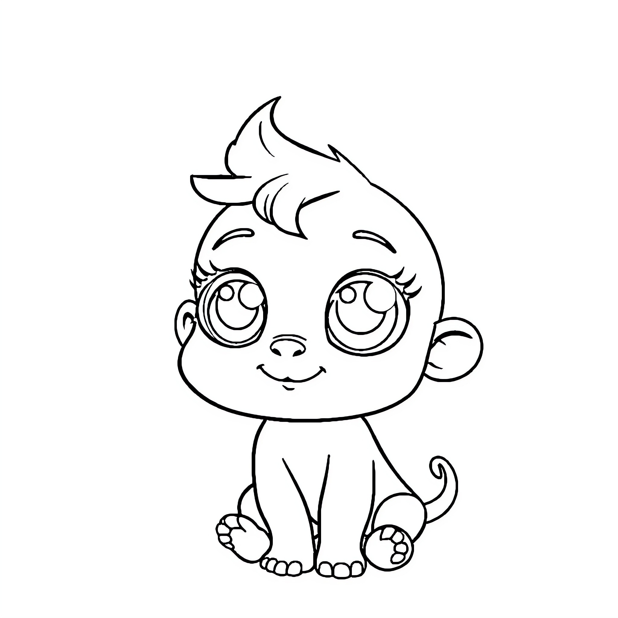 Kawaii Playful Kitten with Big Eyes Coloring Page (free black-and-white line drawing printable PDF for all, from beginners to advanced learners, including children, teens, adults, and seniors)