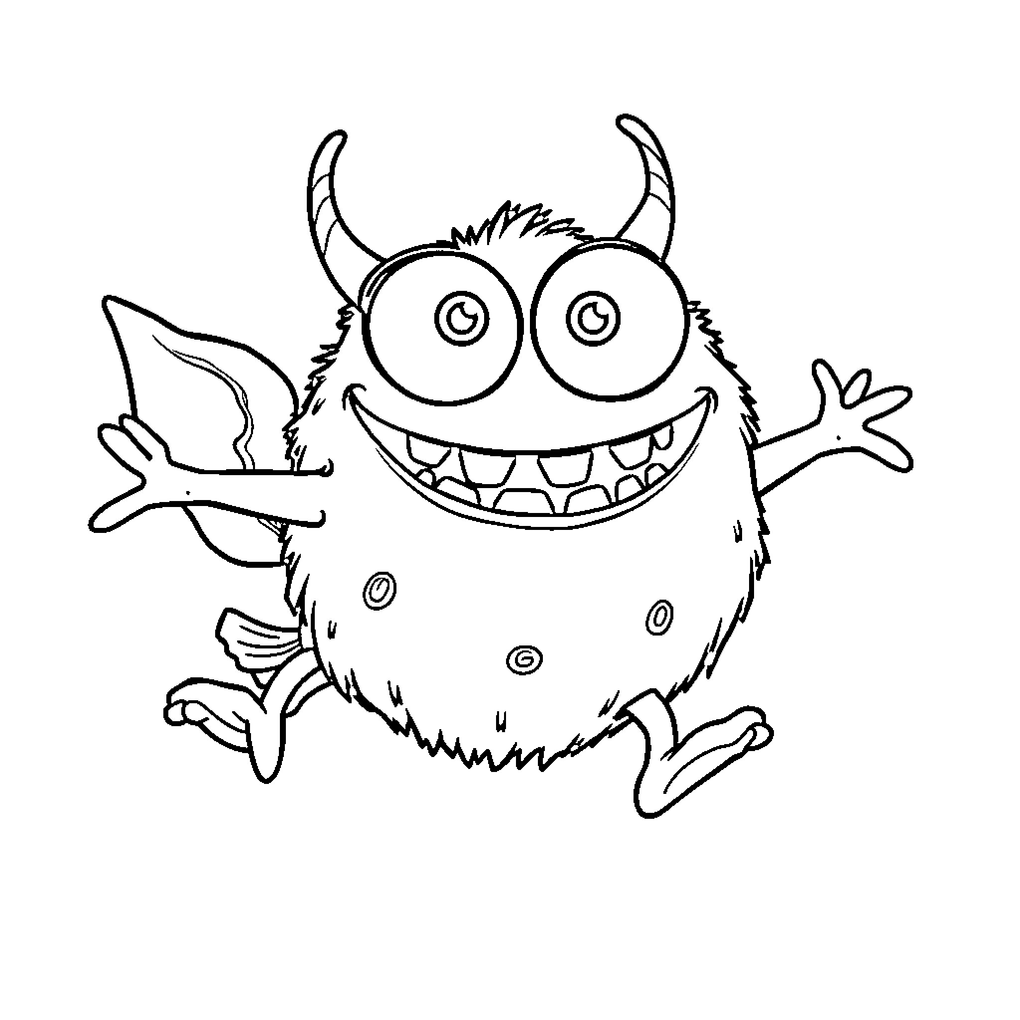 Monster jumping with glee and excitement Coloring Page (free black-and-white line drawing printable PDF for all, from beginners to advanced learners, including children, teens, adults, and seniors)