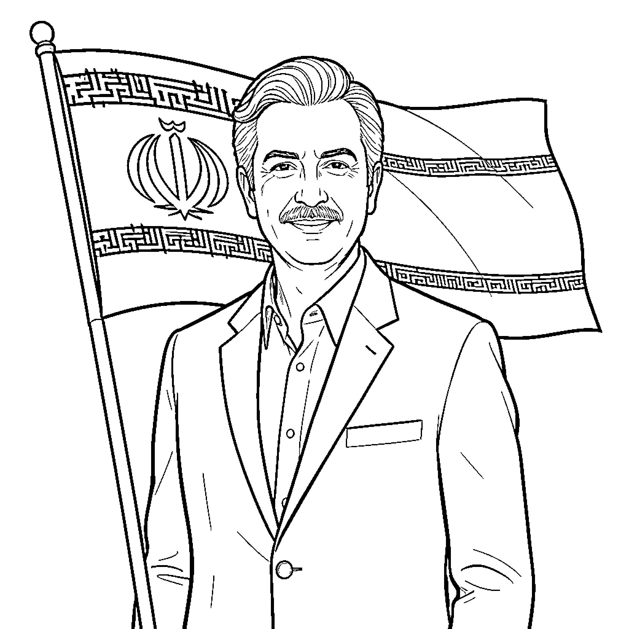 Reza Pahlavi standing proudly with Iranian flag Coloring Page (free black-and-white line drawing printable PDF for all, from beginners to advanced learners, including children, teens, adults, and seniors)