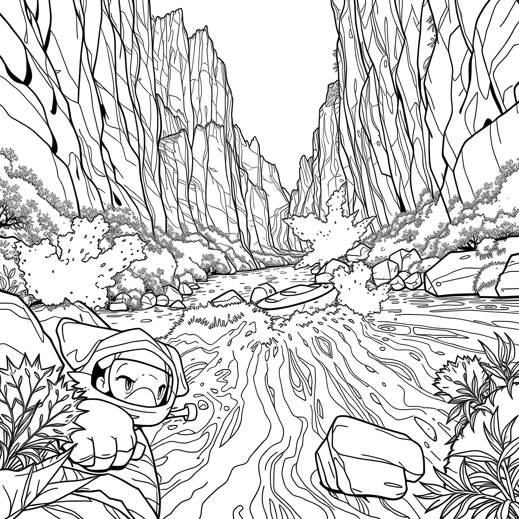 Bluey exploring a mysterious underwater landscape Coloring Page (free black-and-white line drawing printable PDF for all, from beginners to advanced learners, including children, teens, adults, and seniors)