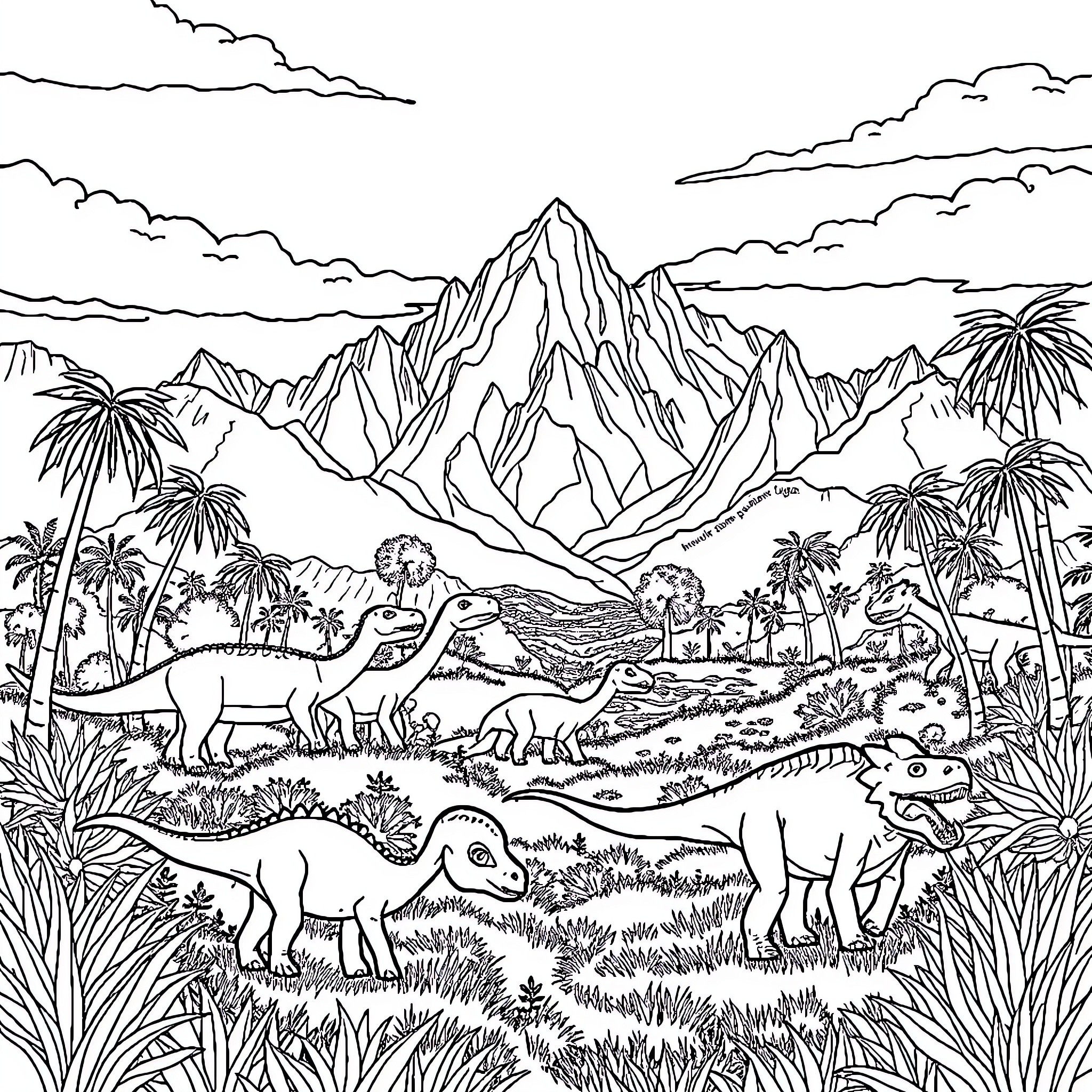 Dinosaurs Roaming Through Prehistoric Landscape Coloring Page (free black-and-white line drawing printable PDF for all, from beginners to advanced learners, including children, teens, adults, and seniors)