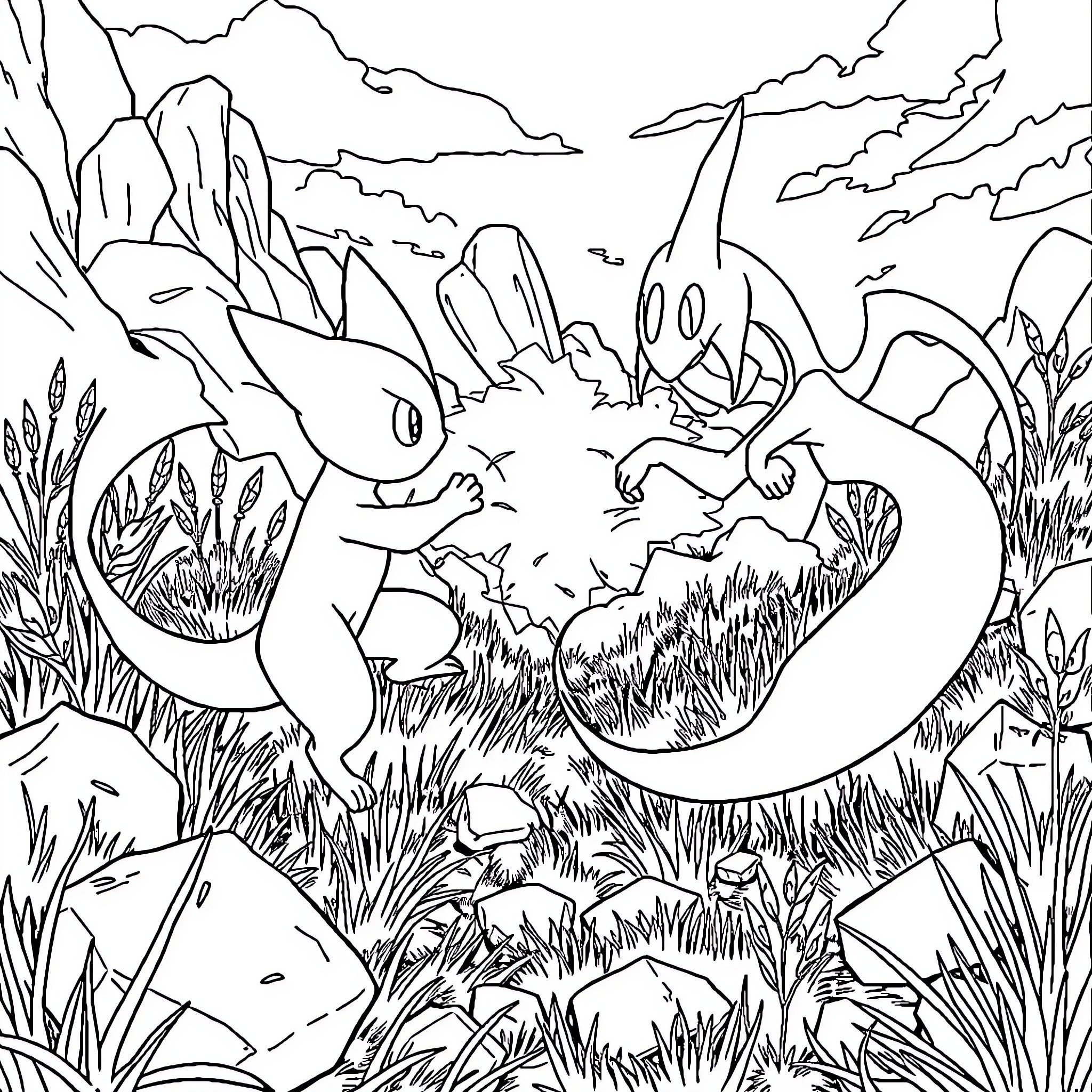 Mew Pokémon Engaging in Playful Activity in Nature Coloring Page (free black-and-white line drawing printable PDF for all, from beginners to advanced learners, including children, teens, adults, and seniors)