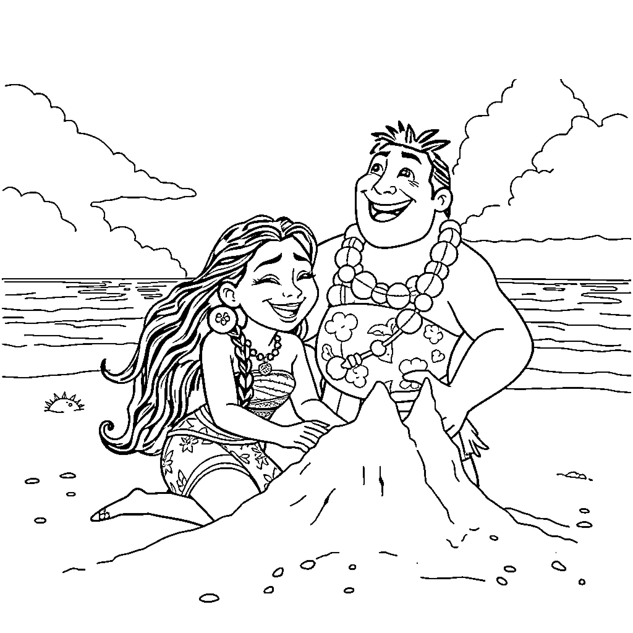 Moana and Maui enjoying the beach together Coloring Page (free black-and-white line drawing printable PDF for all, from beginners to advanced learners, including children, teens, adults, and seniors)