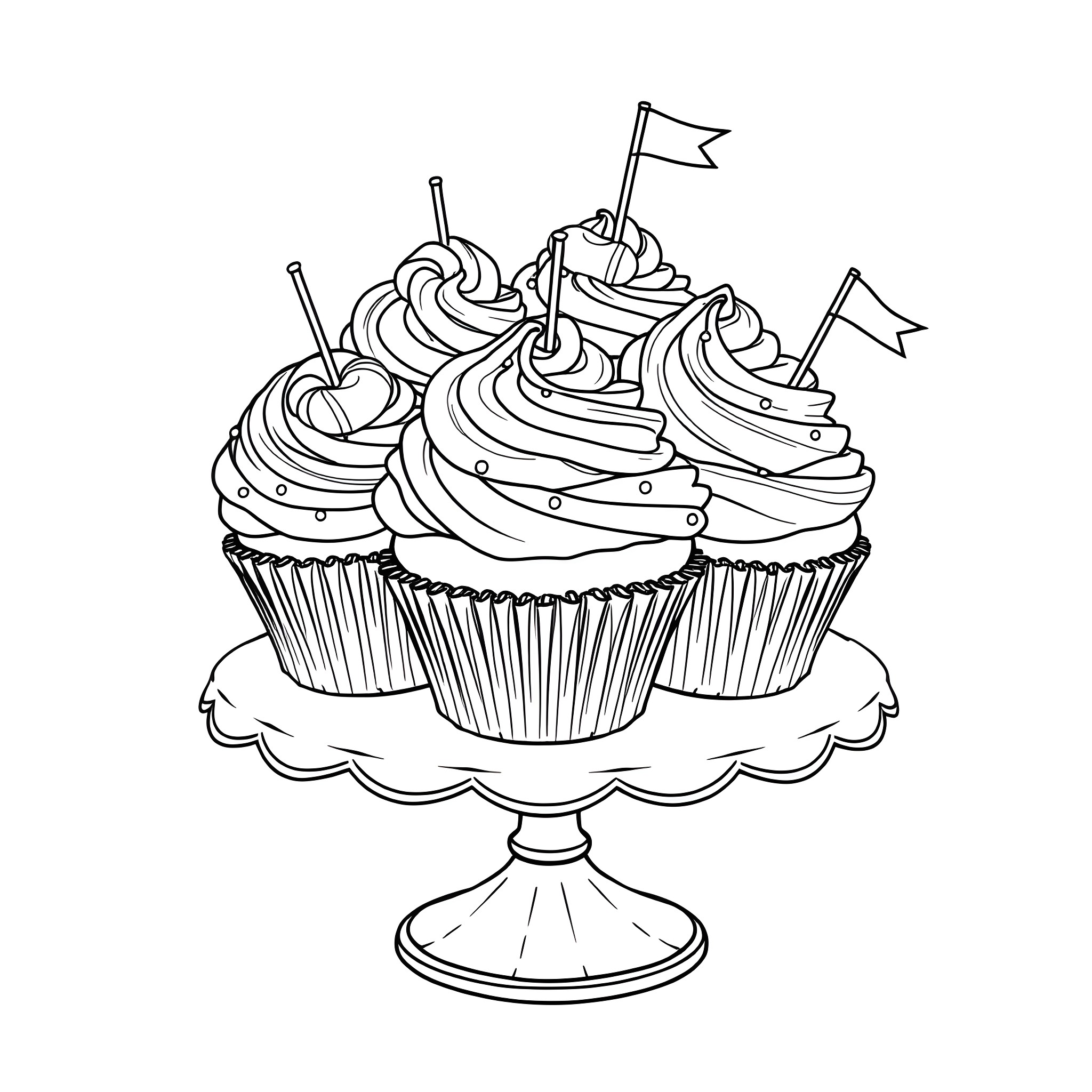Cupcakes on a Cake Stand with Flags Coloring Page (free black-and-white line drawing printable PDF for all, from beginners to advanced learners, including children, teens, adults, and seniors)