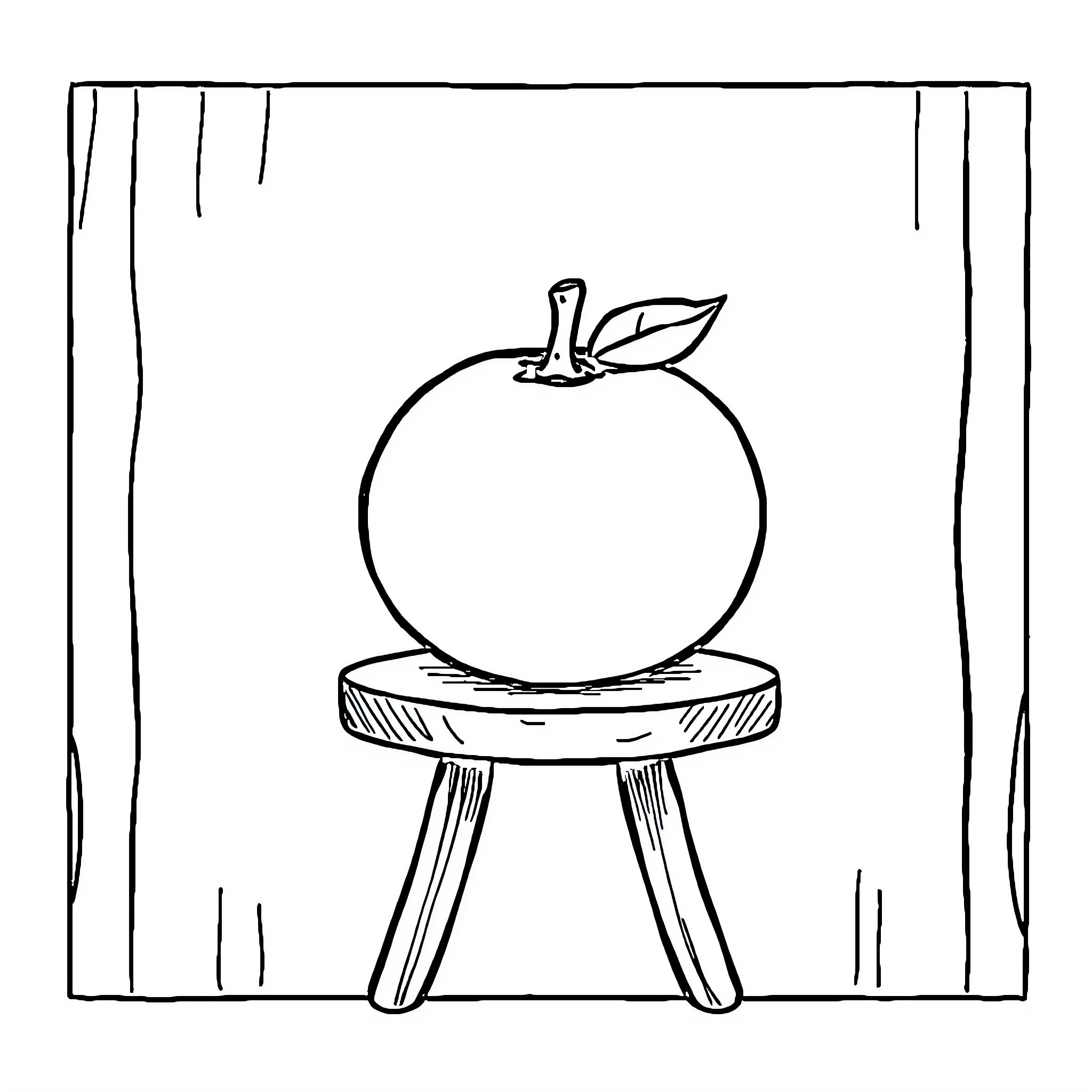 Orange apple on wooden stool Coloring Page (free black-and-white line drawing printable PDF for all, from beginners to advanced learners, including children, teens, adults, and seniors)
