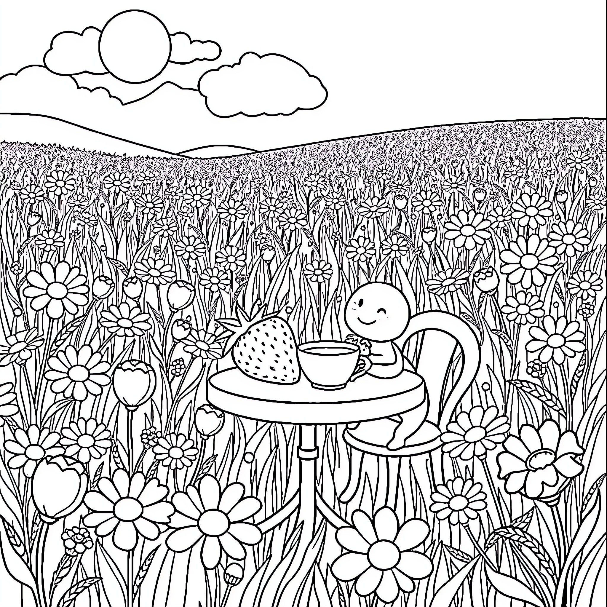 Strawberry character enjoying a snack in the flower field Coloring Page (free black-and-white line drawing printable PDF for all, from beginners to advanced learners, including children, teens, adults, and seniors)