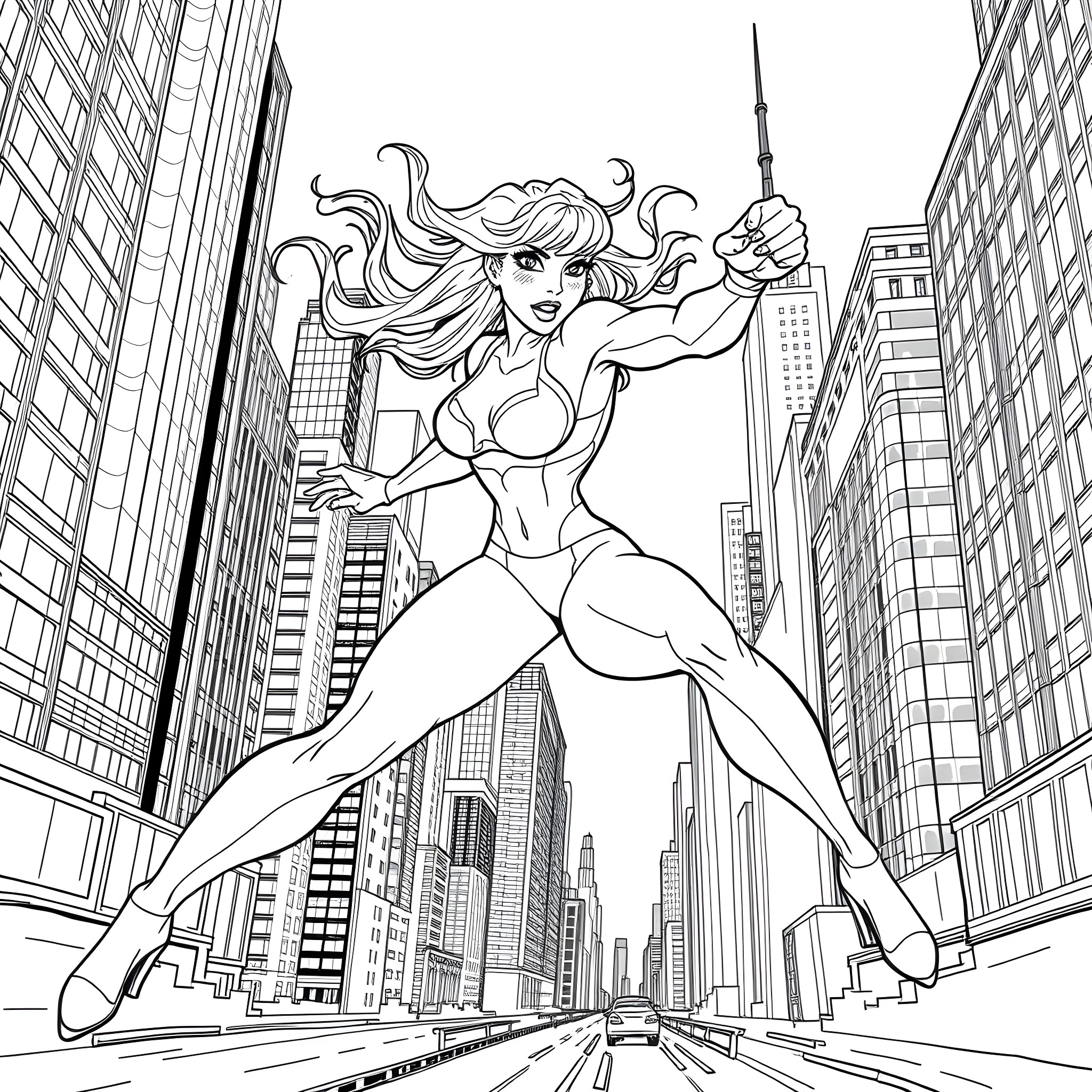 Callie Hart, the Heroic Super Woman in the City Coloring Page (free black-and-white line drawing printable PDF for all, from beginners to advanced learners, including children, teens, adults, and seniors)