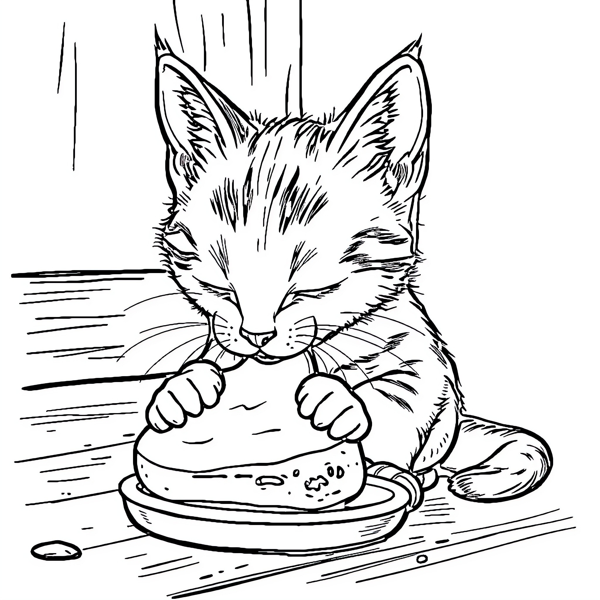 Cat enjoying a meal Coloring Page (free black-and-white line drawing printable PDF for all, from beginners to advanced learners, including children, teens, adults, and seniors)