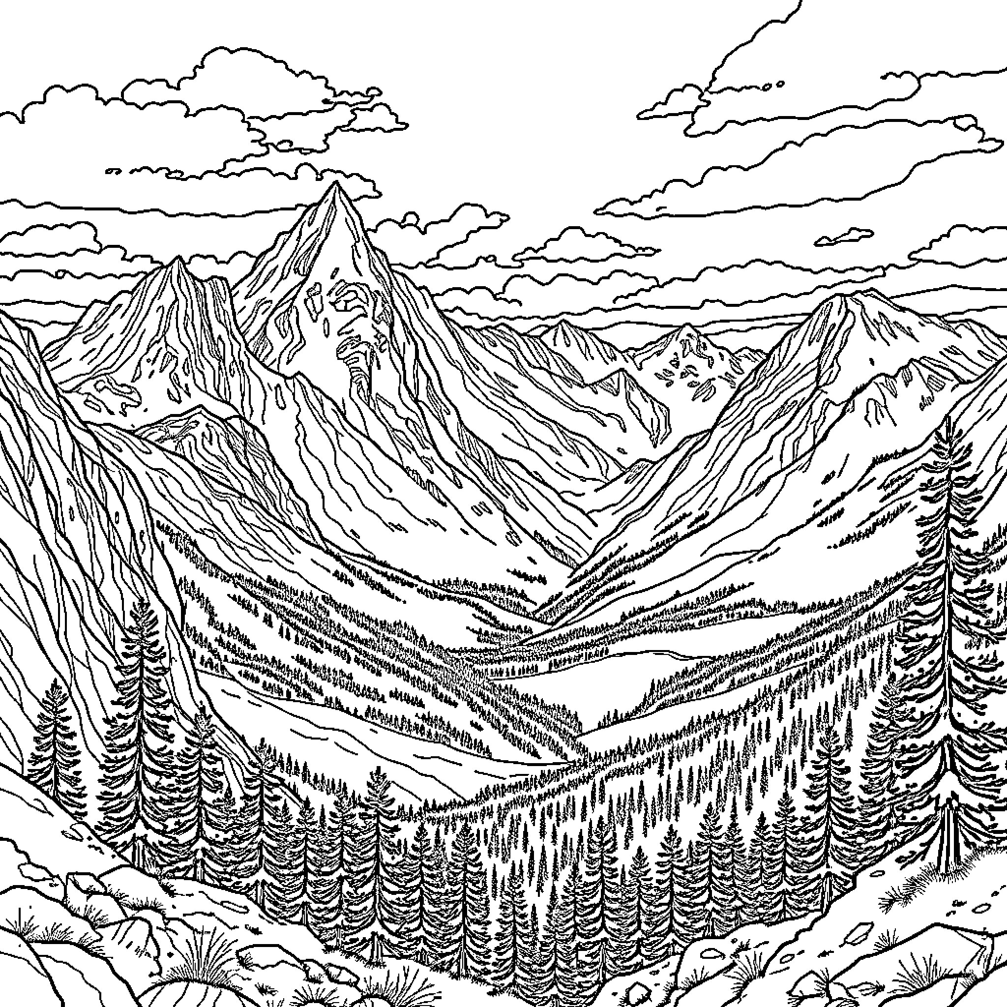 Rocky Mountain landscape with towering peaks and forest Coloring Page (free black-and-white line drawing printable PDF for all, from beginners to advanced learners, including children, teens, adults, and seniors)