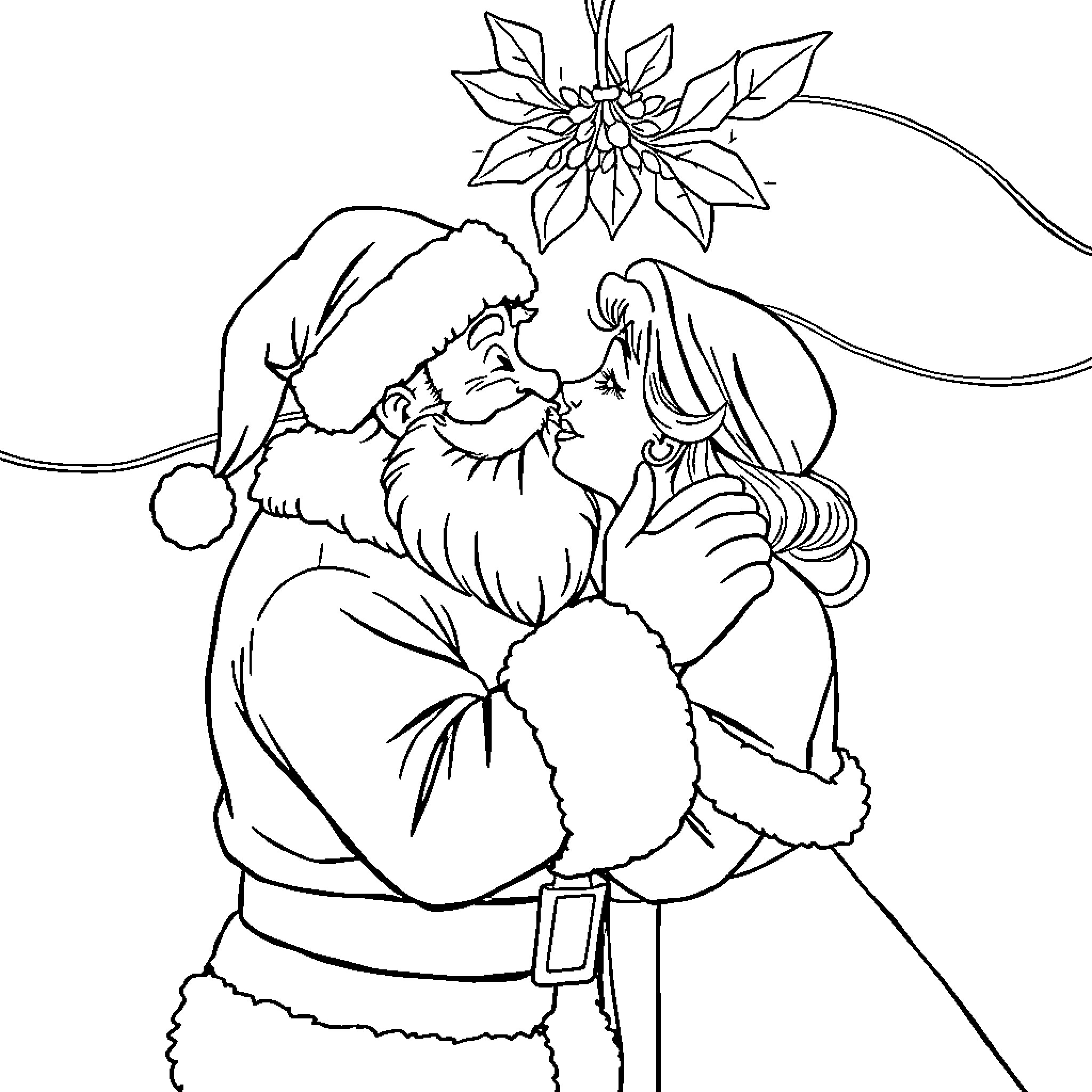 Santa Claus embracing a young woman affectionately Coloring Page (free black-and-white line drawing printable PDF for all, from beginners to advanced learners, including children, teens, adults, and seniors)