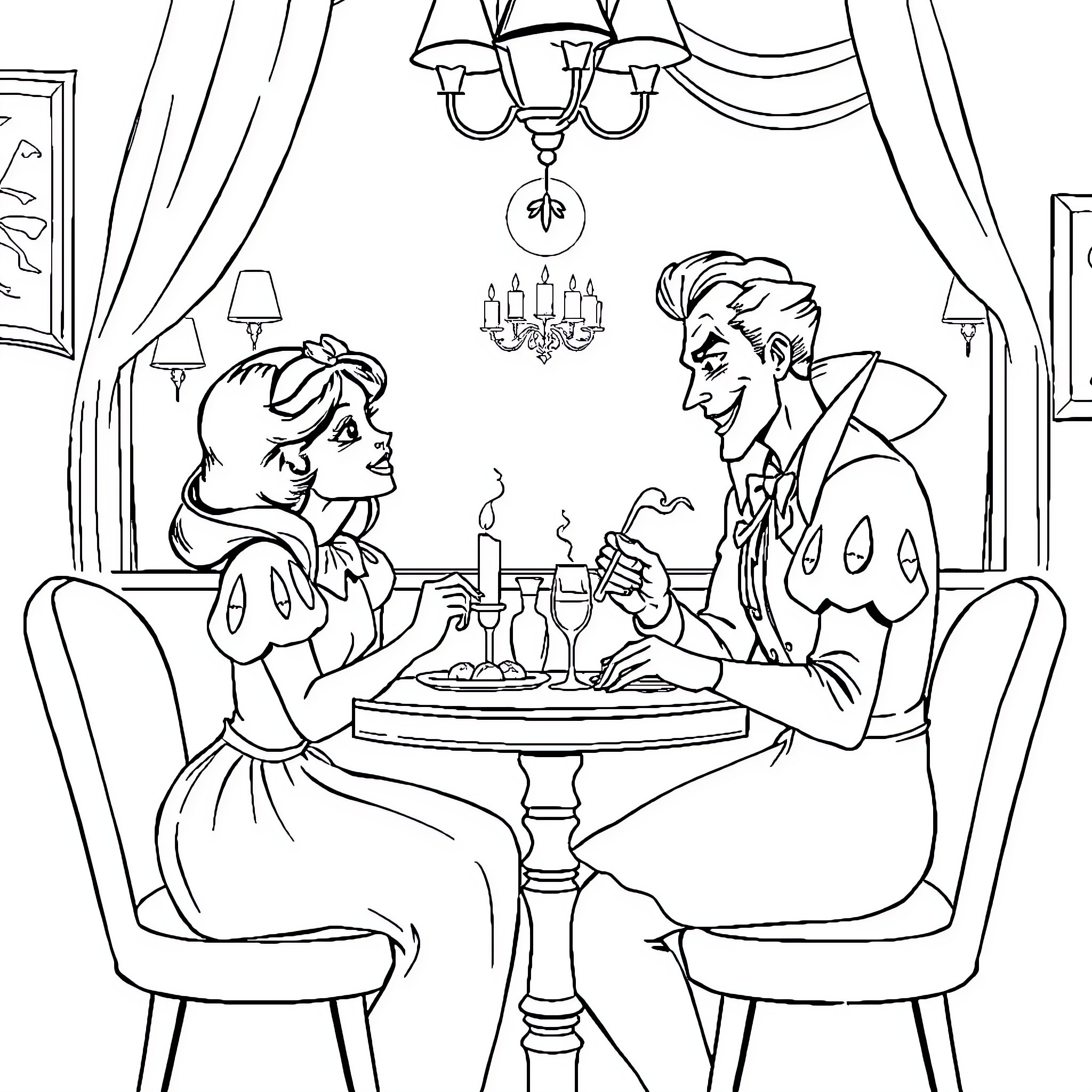 Joker shares a romantic dinner with companion Coloring Page (free black-and-white line drawing printable PDF for all, from beginners to advanced learners, including children, teens, adults, and seniors)