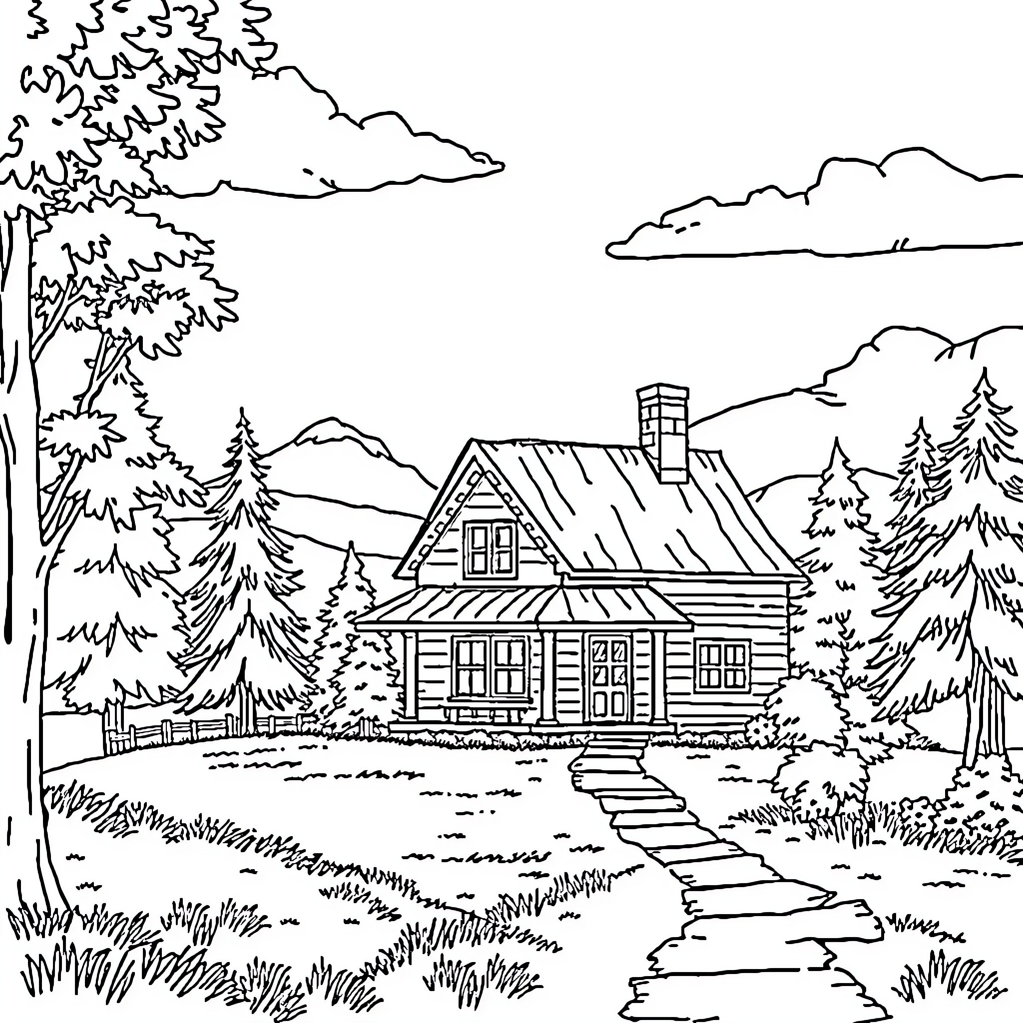 House in a serene forest landscape Coloring Page (free black-and-white line drawing printable PDF for all, from beginners to advanced learners, including children, teens, adults, and seniors)