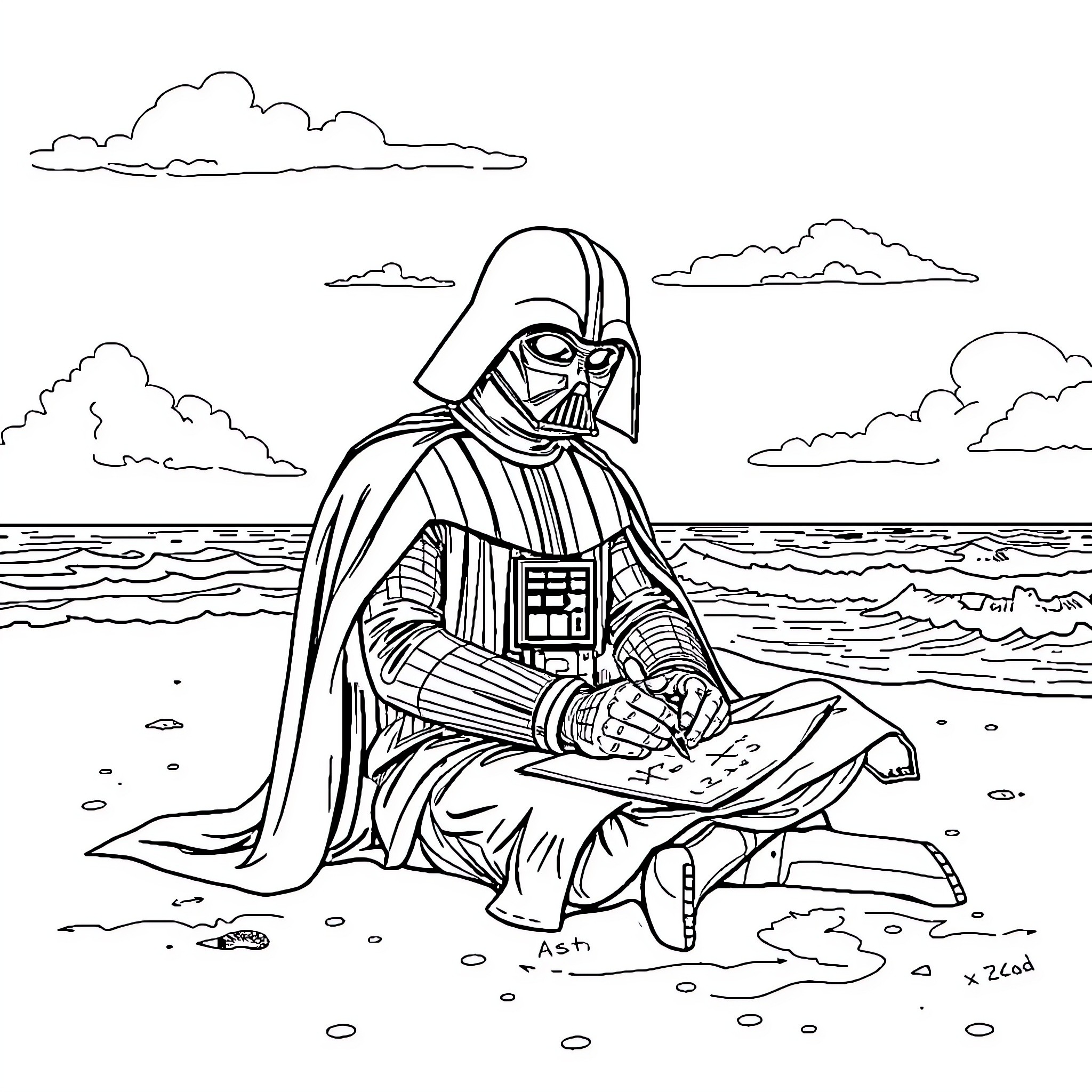 Darth Vader sitting solemnly on a rocky shore Coloring Page (free black-and-white line drawing printable PDF for all, from beginners to advanced learners, including children, teens, adults, and seniors)