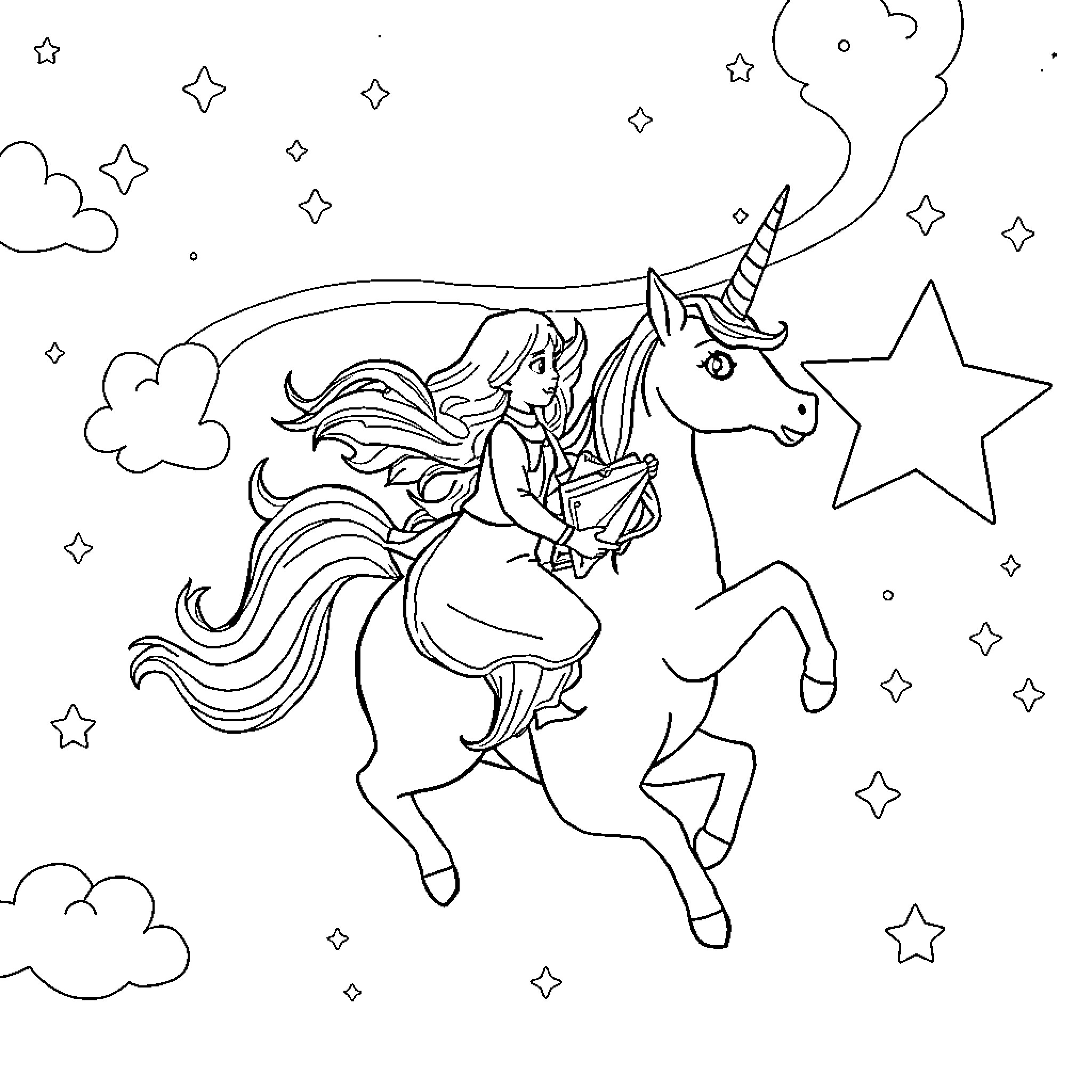 Licorne with a girl riding through a starry sky Coloring Page (free black-and-white line drawing printable PDF for all, from beginners to advanced learners, including children, teens, adults, and seniors)