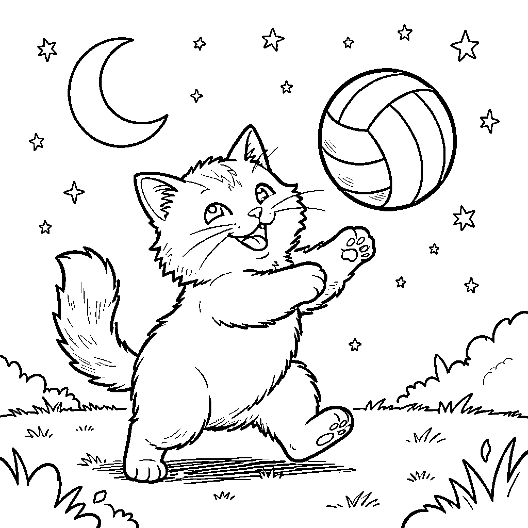 Cat playing with volleyball under starry night sky Coloring Page (free black-and-white line drawing printable PDF for all, from beginners to advanced learners, including children, teens, adults, and seniors)