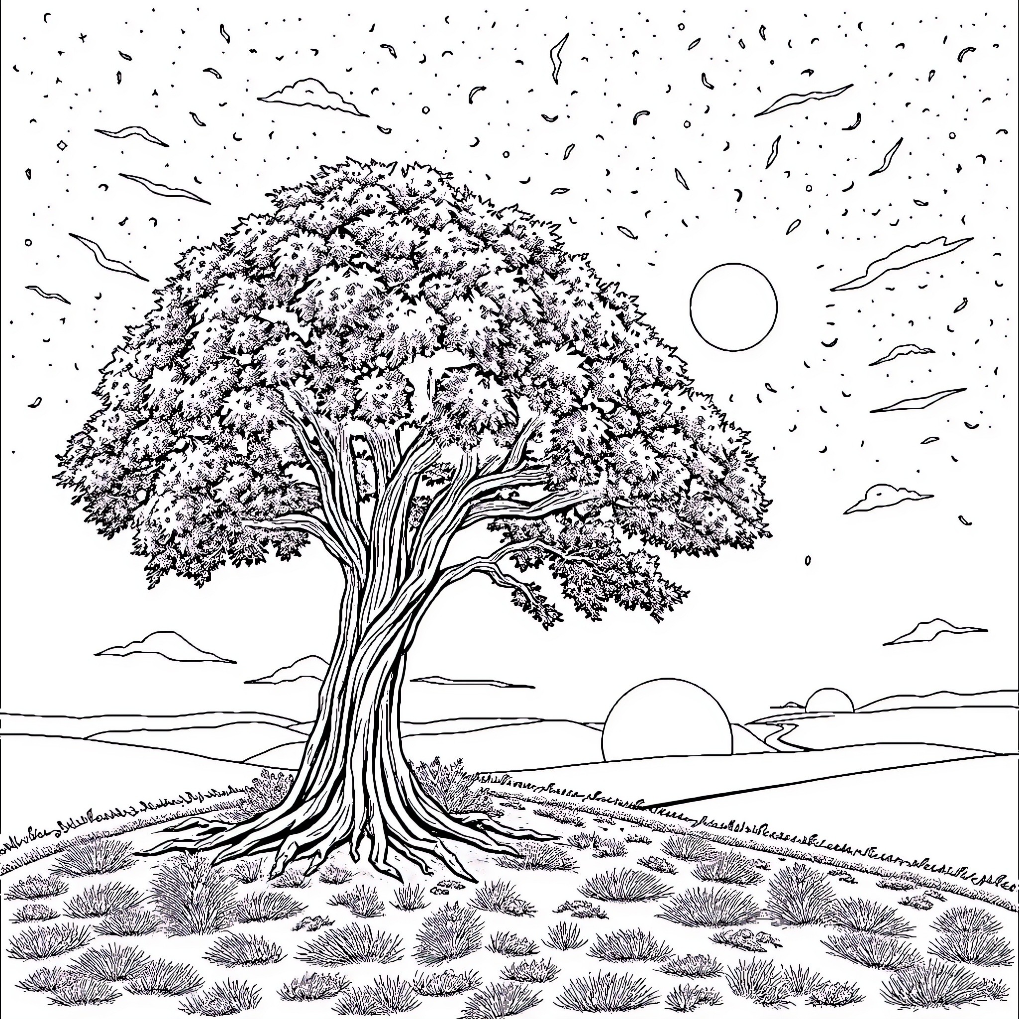 Tree in Snowy Landscape Coloring Page (free black-and-white line drawing printable PDF for all, from beginners to advanced learners, including children, teens, adults, and seniors)