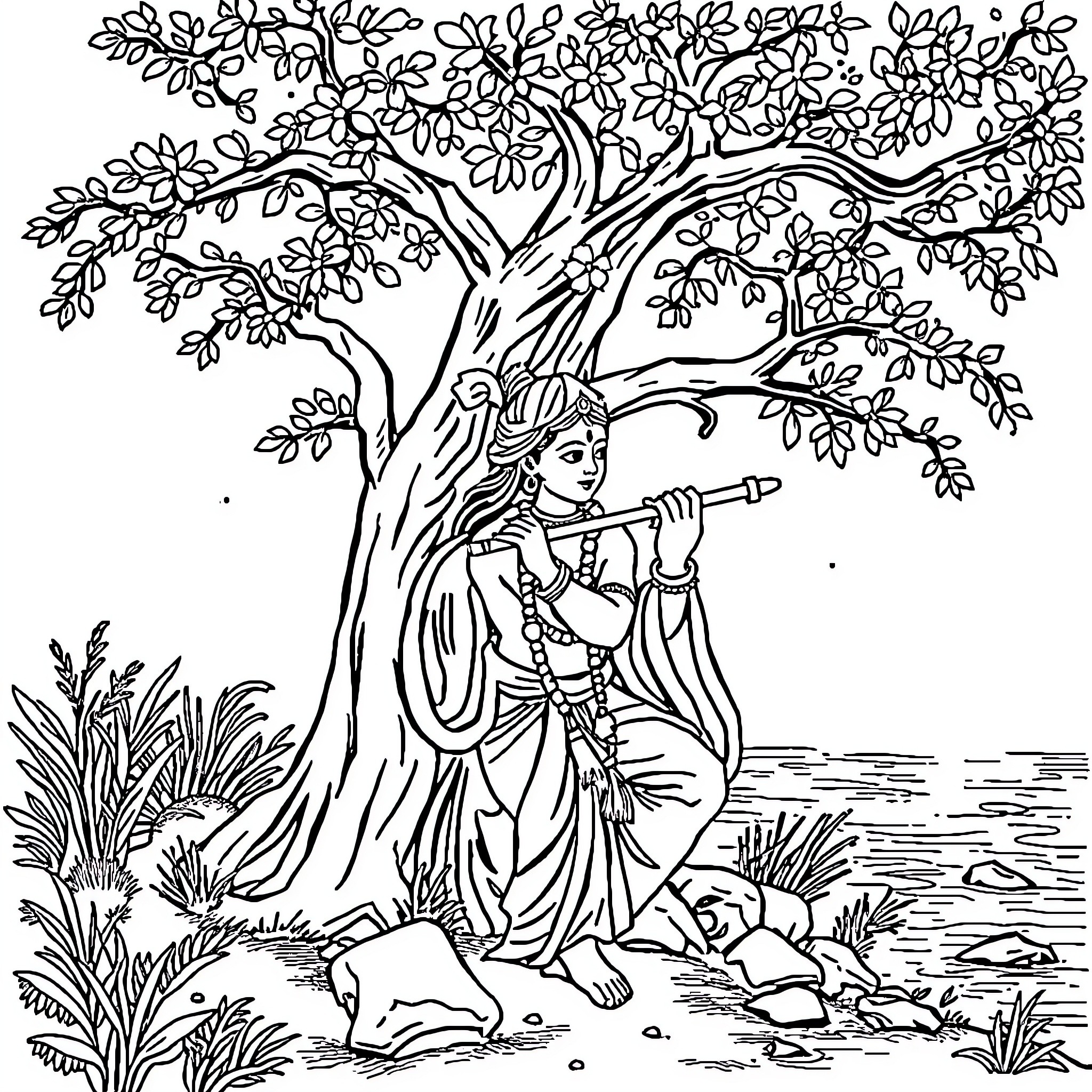 Krishna resting peacefully under a shading tree Coloring Page (free black-and-white line drawing printable PDF for all, from beginners to advanced learners, including children, teens, adults, and seniors)