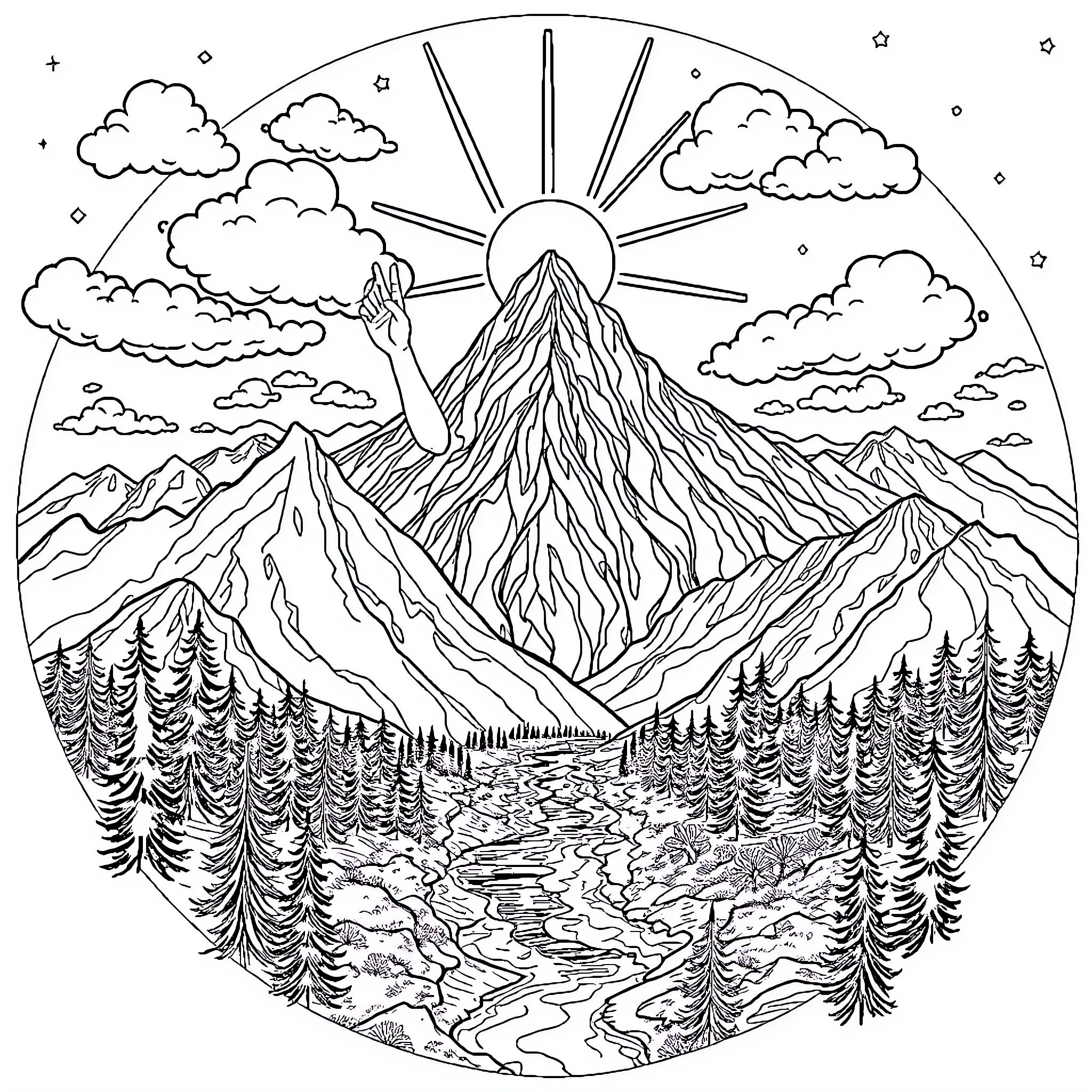 God's Majestic Mountain Landscape Coloring Page (free black-and-white line drawing printable PDF for all, from beginners to advanced learners, including children, teens, adults, and seniors)