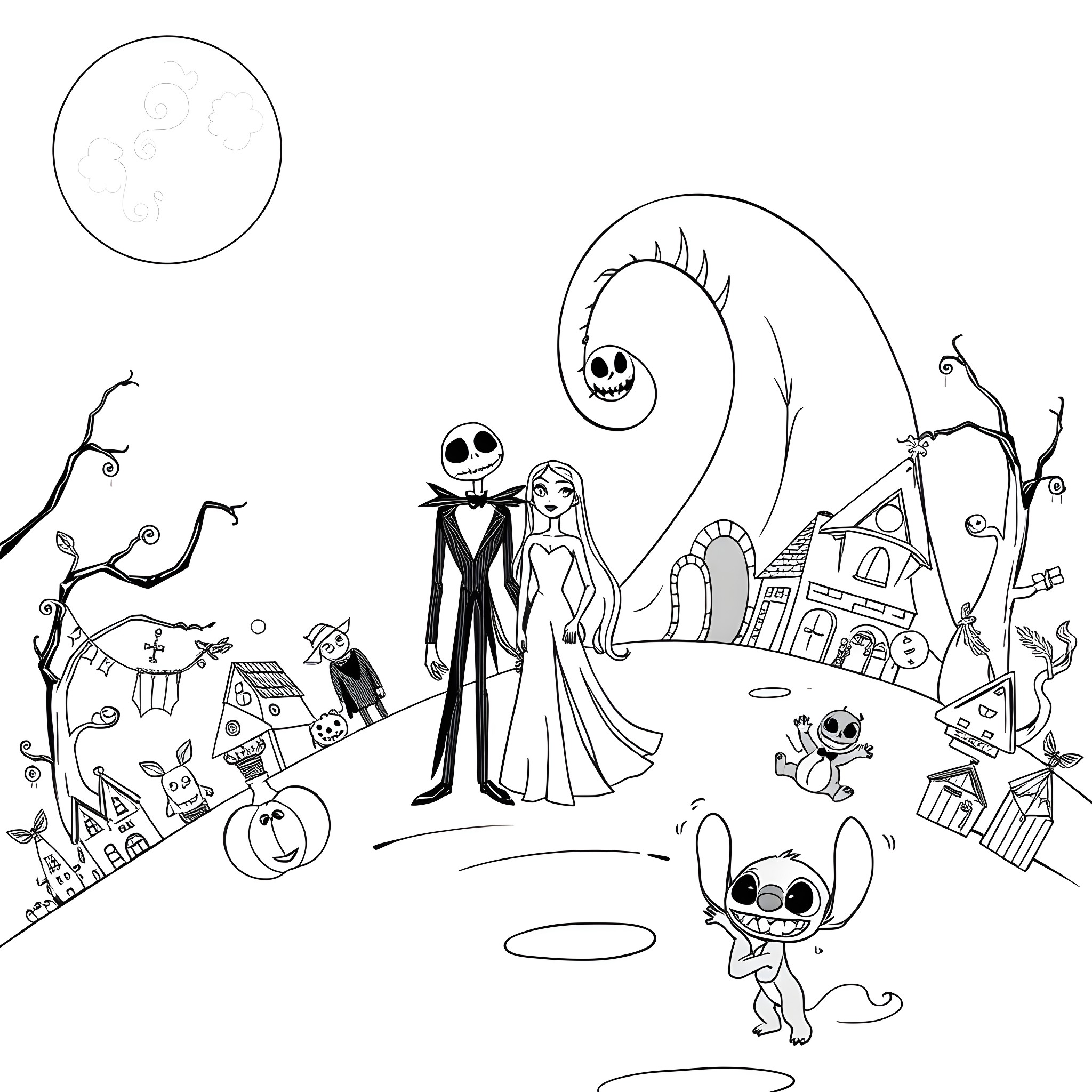 Jack and the Nightmare Before Christmas scene Coloring Page (free black-and-white line drawing printable PDF for all, from beginners to advanced learners, including children, teens, adults, and seniors)