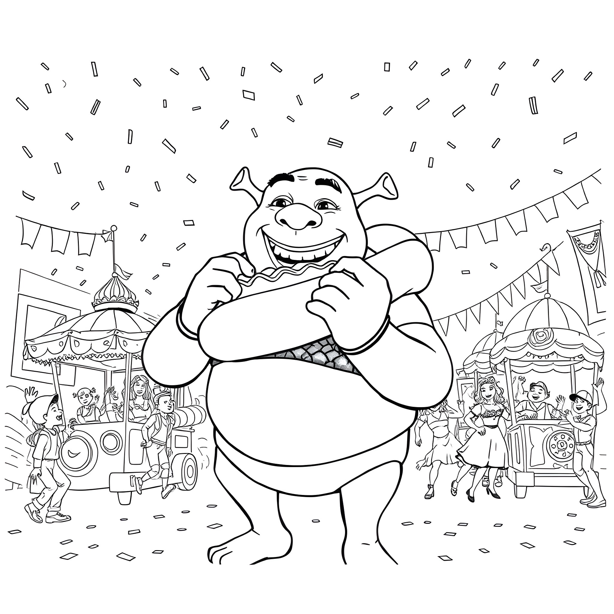 Shrek enjoying the carnival with friends Coloring Page (free black-and-white line drawing printable PDF for all, from beginners to advanced learners, including children, teens, adults, and seniors)