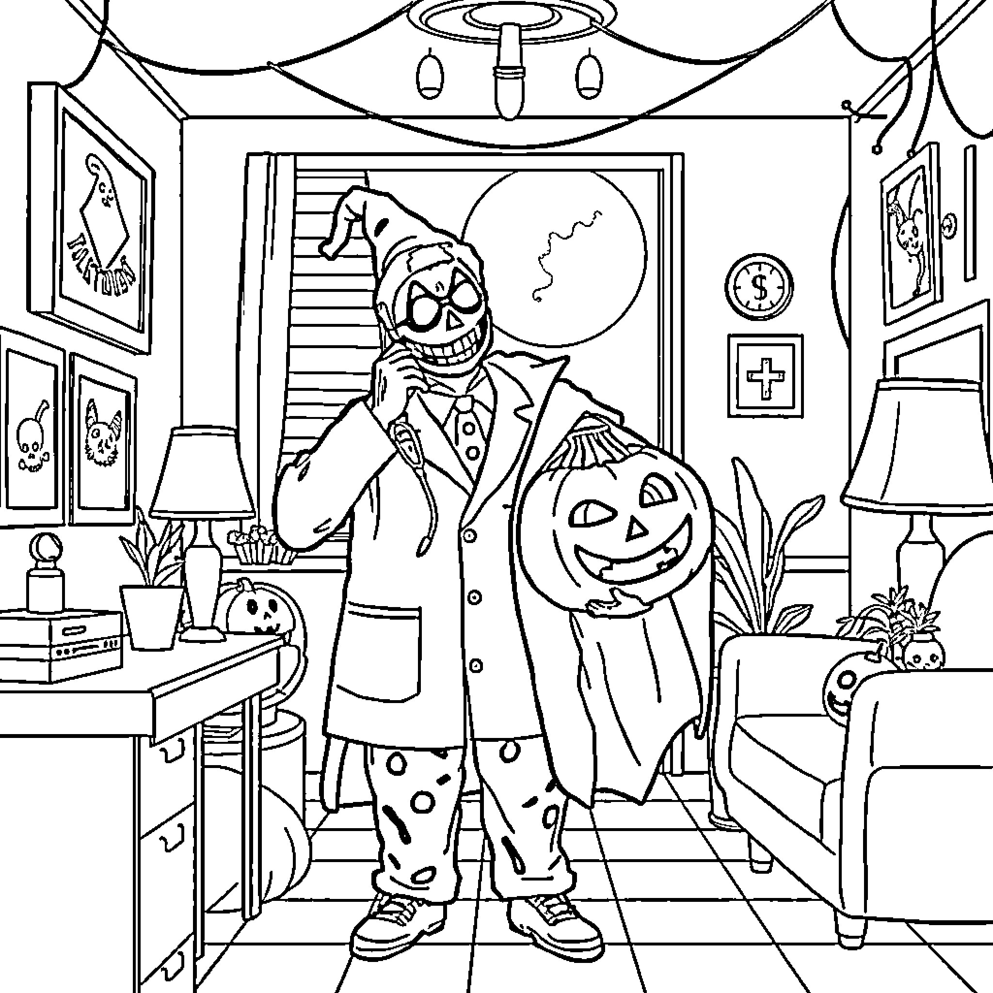 Doctor Clown Preparing for Halloween in Spooky Office Coloring Page (free black-and-white line drawing printable PDF for all, from beginners to advanced learners, including children, teens, adults, and seniors)