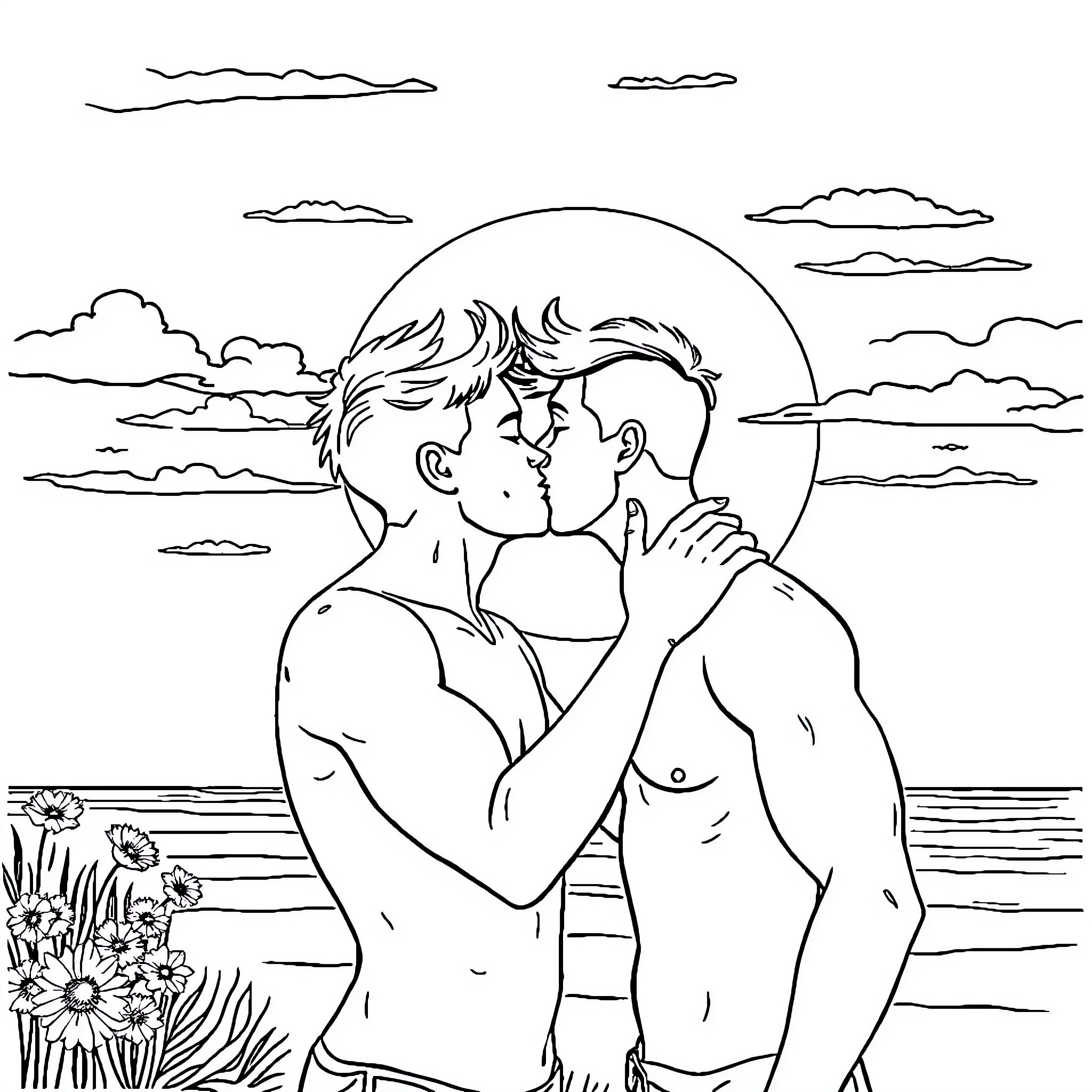 Boy Embracing Lover on Moonlit Beach Coloring Page (free black-and-white line drawing printable PDF for all, from beginners to advanced learners, including children, teens, adults, and seniors)
