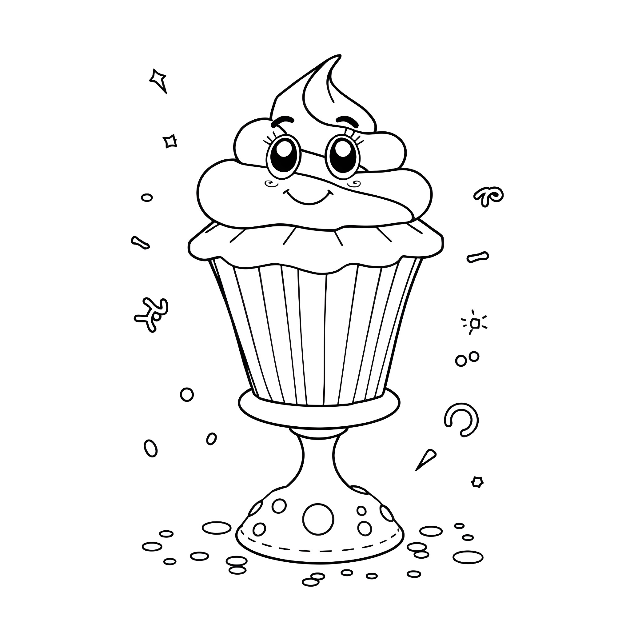 Cupcake with Cheerful Expression on Decorated Pedestal Coloring Page (free black-and-white line drawing printable PDF for all, from beginners to advanced learners, including children, teens, adults, and seniors)