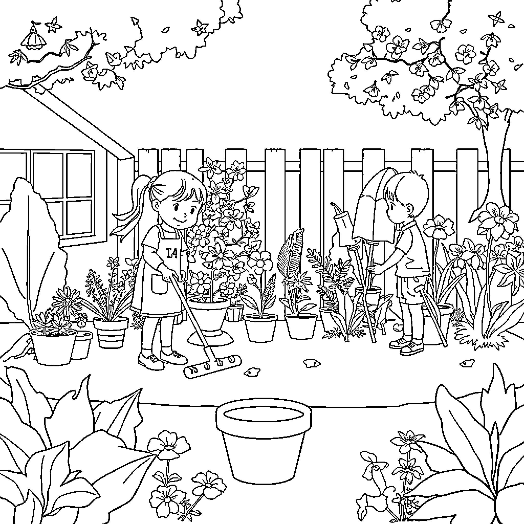 Children gardening in a backyard with flowers Coloring Page (free black-and-white line drawing printable PDF for all, from beginners to advanced learners, including children, teens, adults, and seniors)