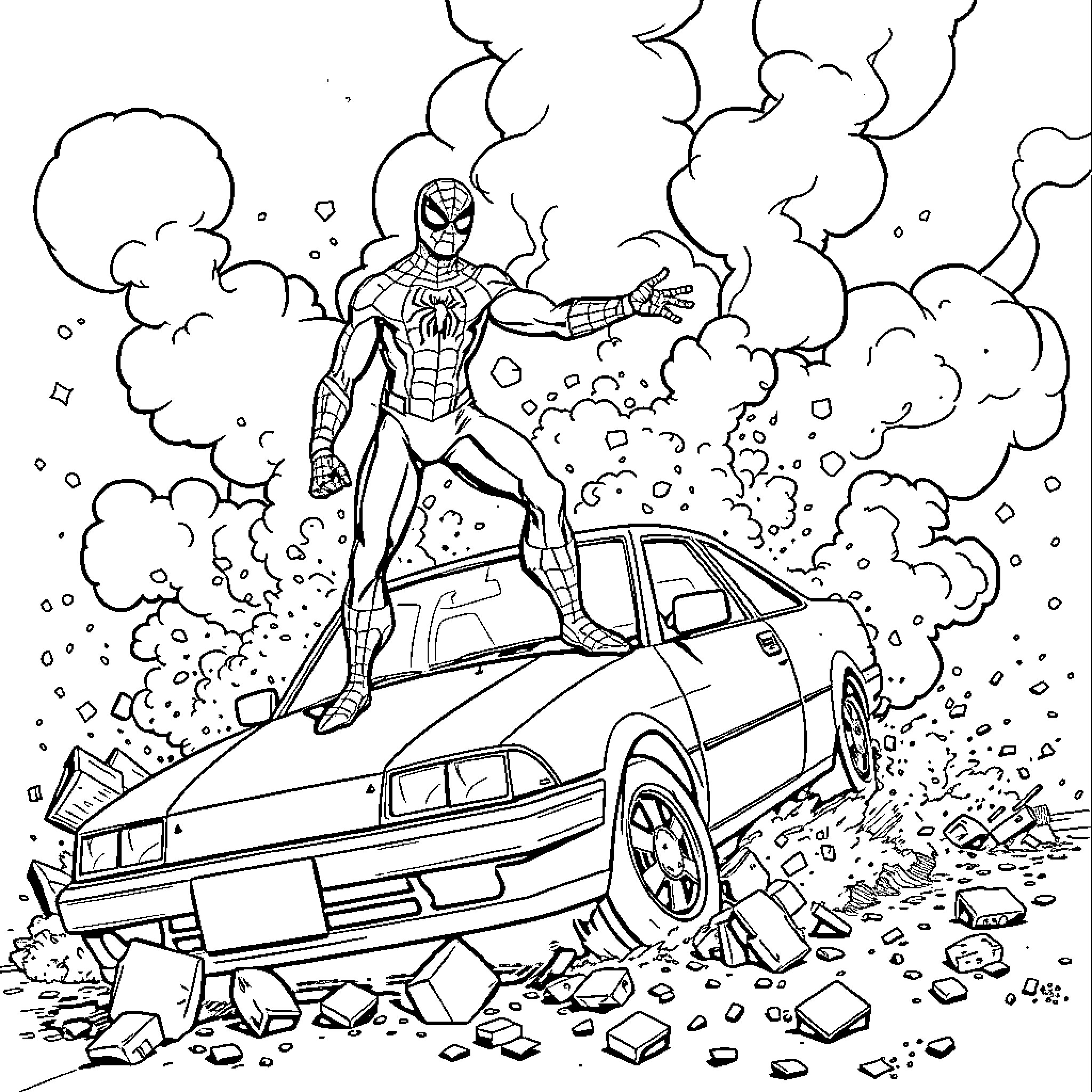 Spiderman heroically tackles a wrecked car Coloring Page (free black-and-white line drawing printable PDF for all, from beginners to advanced learners, including children, teens, adults, and seniors)