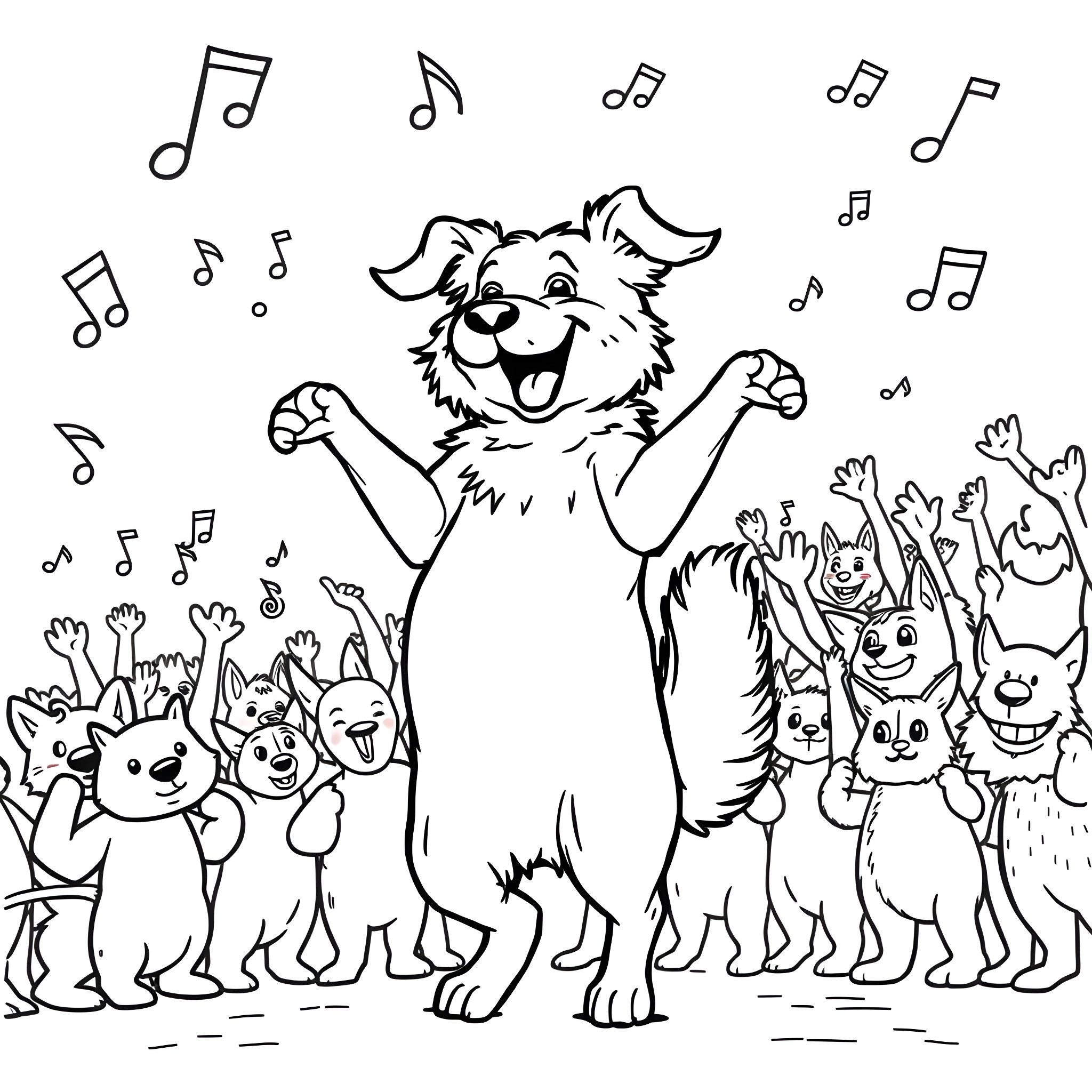 Dog singing and dancing with animal friends Coloring Page (free black-and-white line drawing printable PDF for all, from beginners to advanced learners, including children, teens, adults, and seniors)