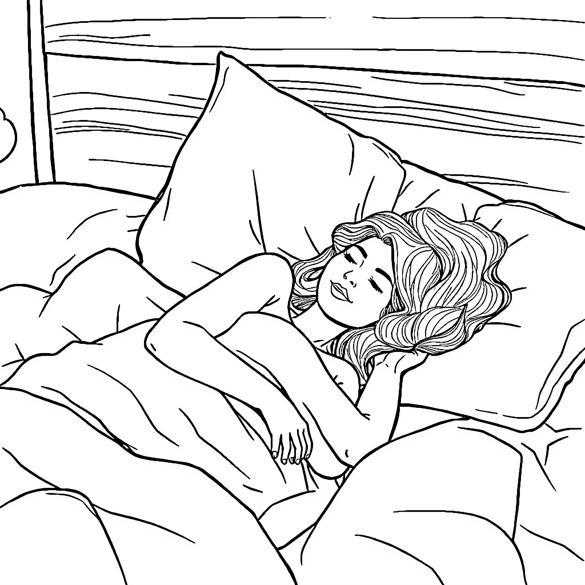 Woman resting comfortably on bed Coloring Page (free black-and-white line drawing printable PDF for all, from beginners to advanced learners, including children, teens, adults, and seniors)