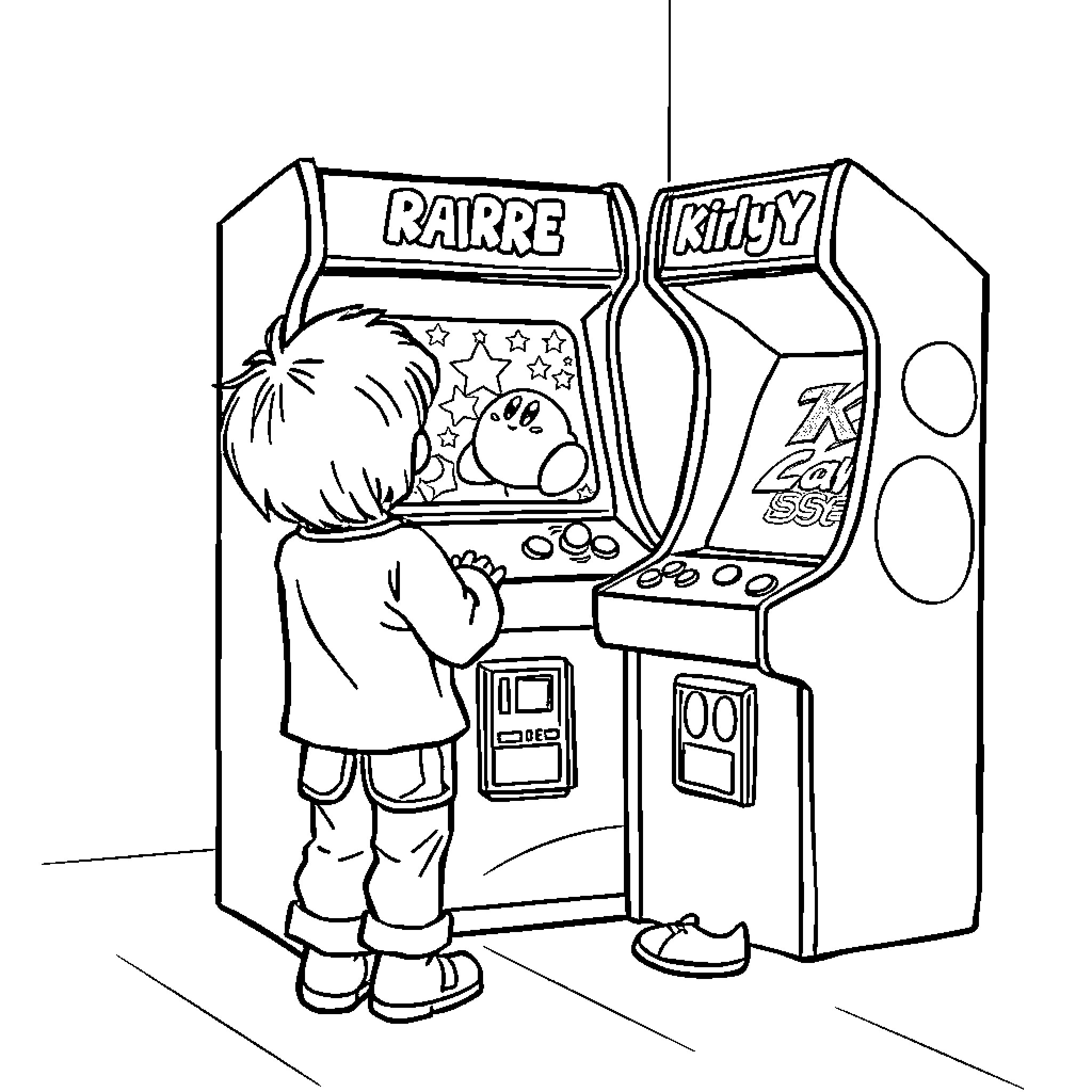 Kirby Playing Arcade Games Happily Coloring Page (free black-and-white line drawing printable PDF for all, from beginners to advanced learners, including children, teens, adults, and seniors)