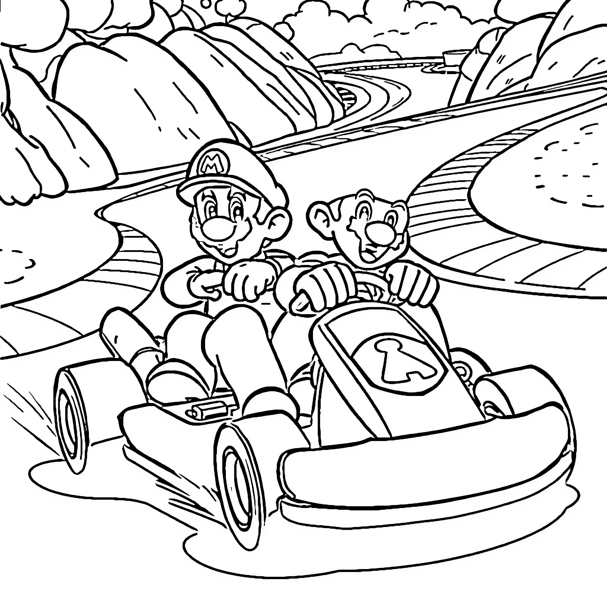 Mario's Racing Adventure with Friendly Companion Coloring Page (free black-and-white line drawing printable PDF for all, from beginners to advanced learners, including children, teens, adults, and seniors)