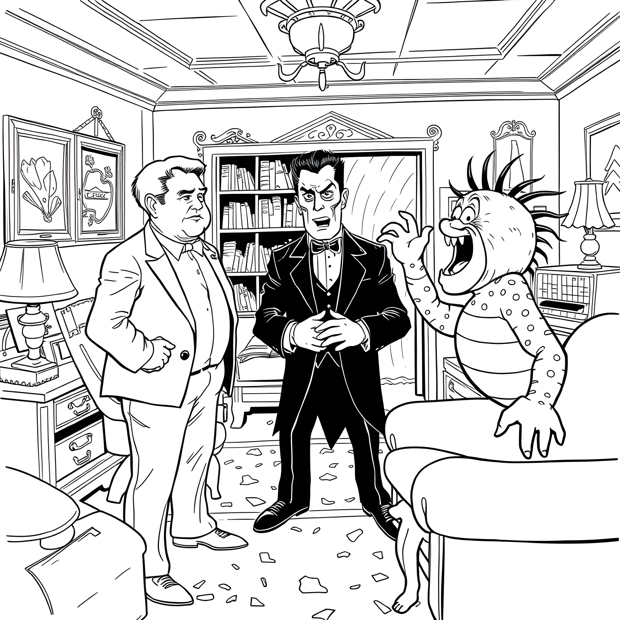 Munster family members in their living room Coloring Page (free black-and-white line drawing printable PDF for all, from beginners to advanced learners, including children, teens, adults, and seniors)