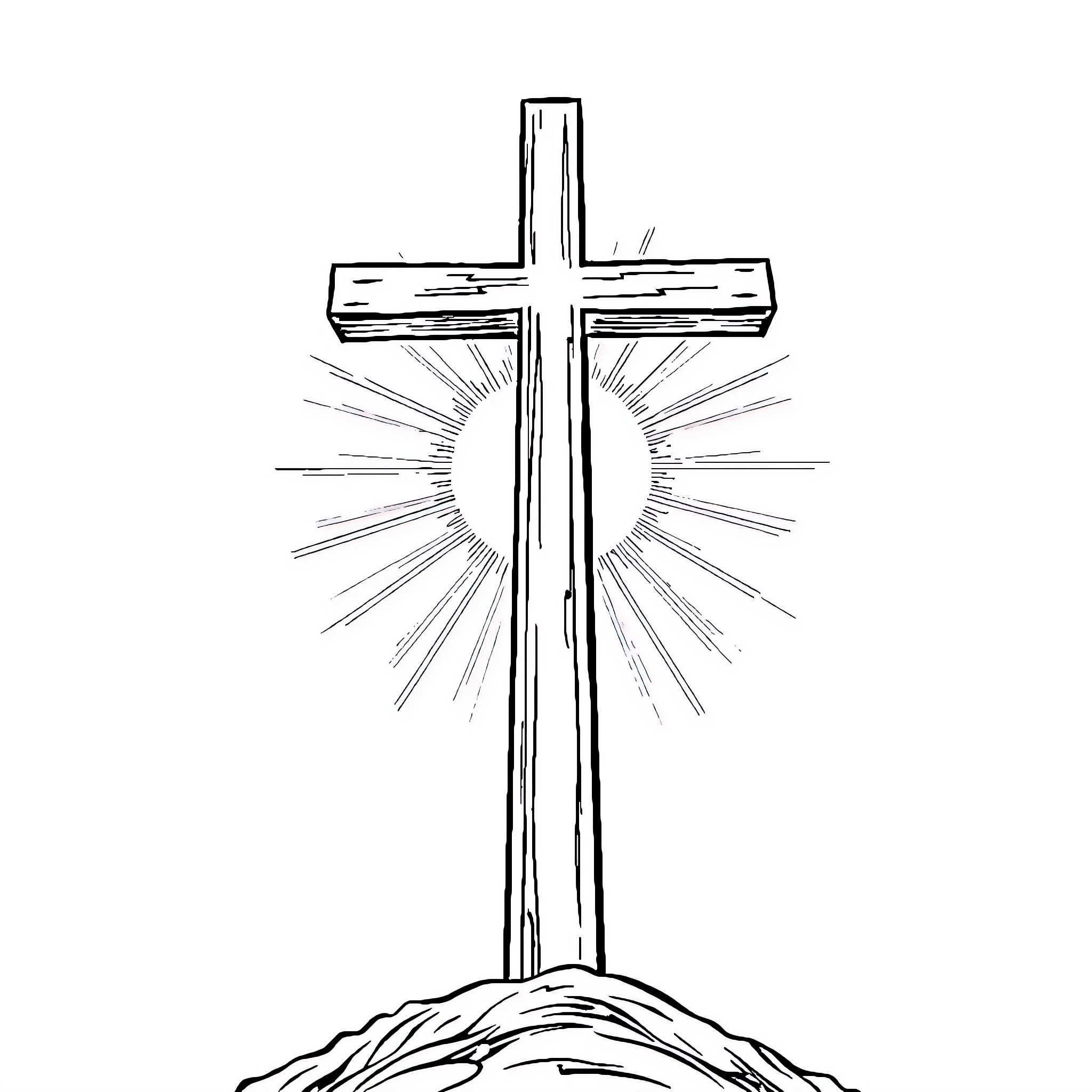 Christian Cross Radiating Divine Light Coloring Page (free black-and-white line drawing printable PDF for all, from beginners to advanced learners, including children, teens, adults, and seniors)