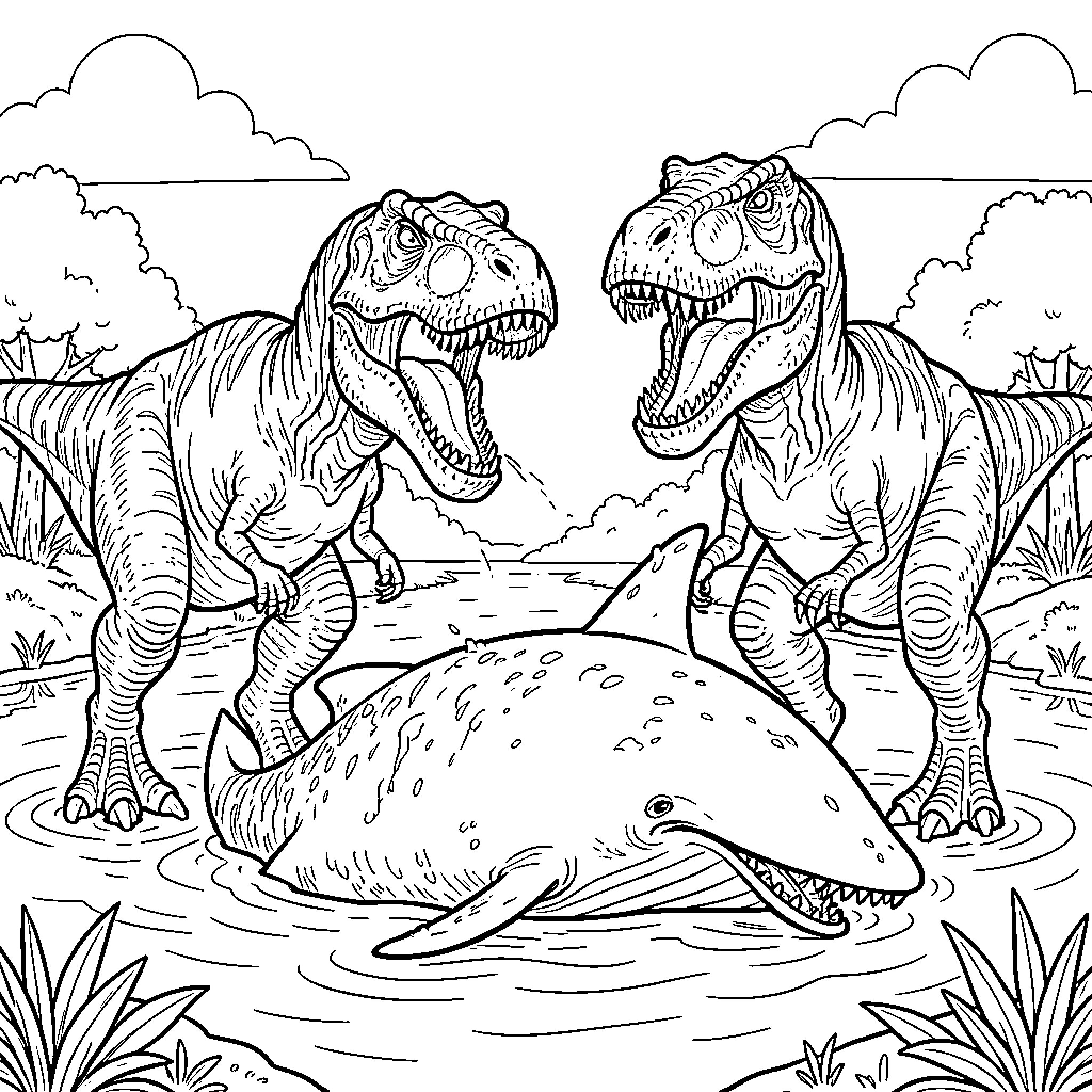 T-Rex Dinosaurs Ferociously Battling in a Prehistoric Landscape Coloring Page (free black-and-white line drawing printable PDF for all, from beginners to advanced learners, including children, teens, adults, and seniors)