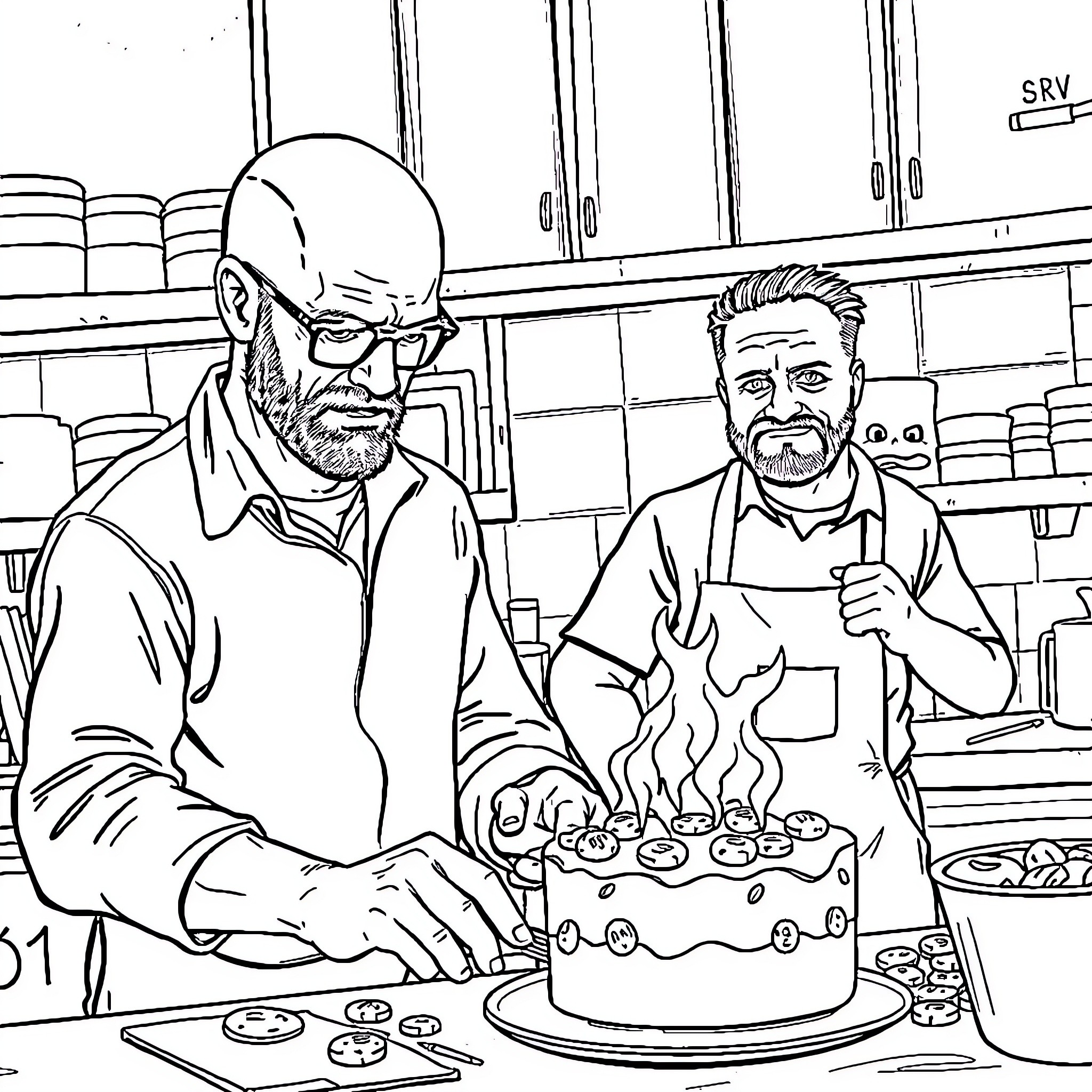 Walter White and Jesse Pinkman Cooking Up a Storm Coloring Page (free black-and-white line drawing printable PDF for all, from beginners to advanced learners, including children, teens, adults, and seniors)
