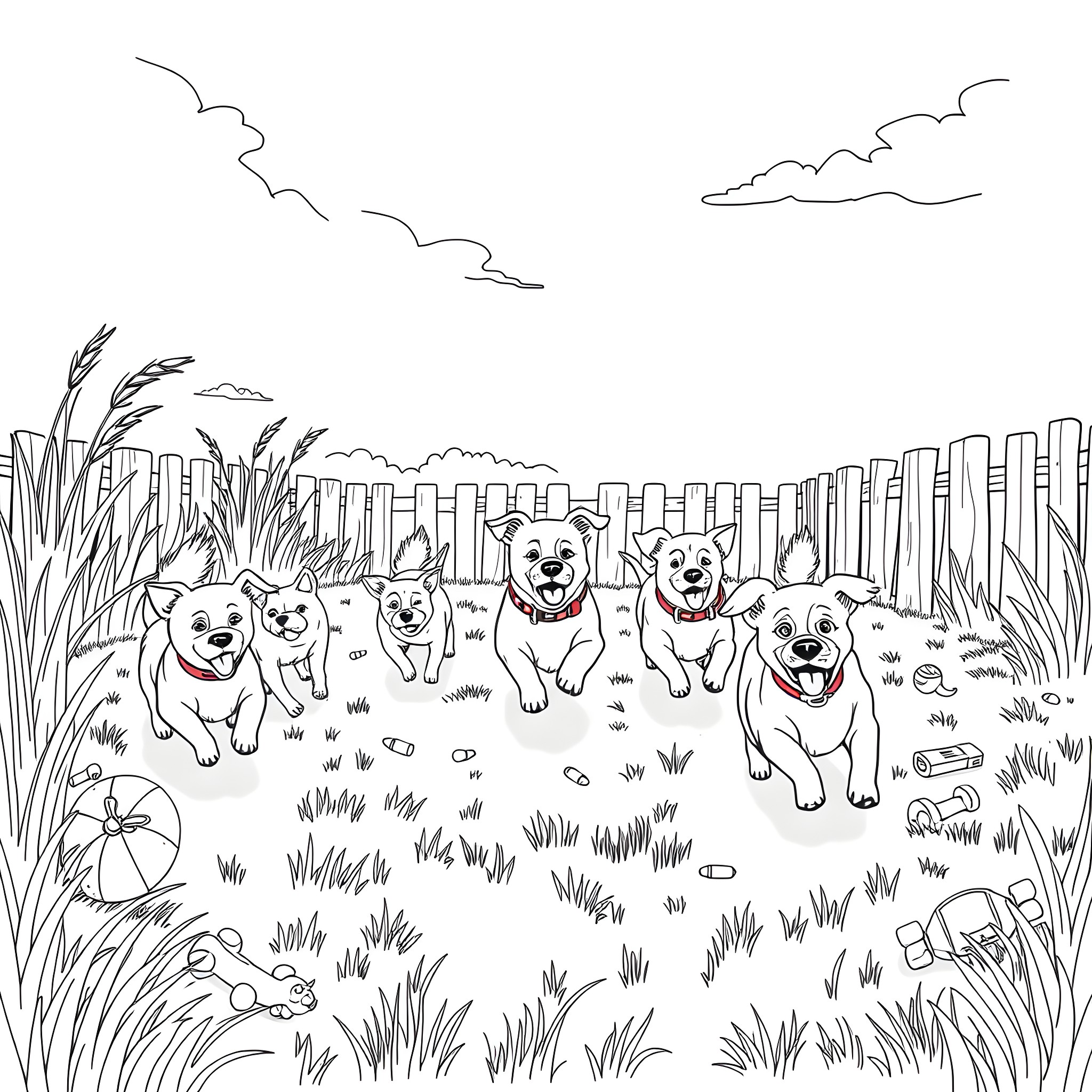 Dog friends playing joyfully in a park Coloring Page (free black-and-white line drawing printable PDF for all, from beginners to advanced learners, including children, teens, adults, and seniors)