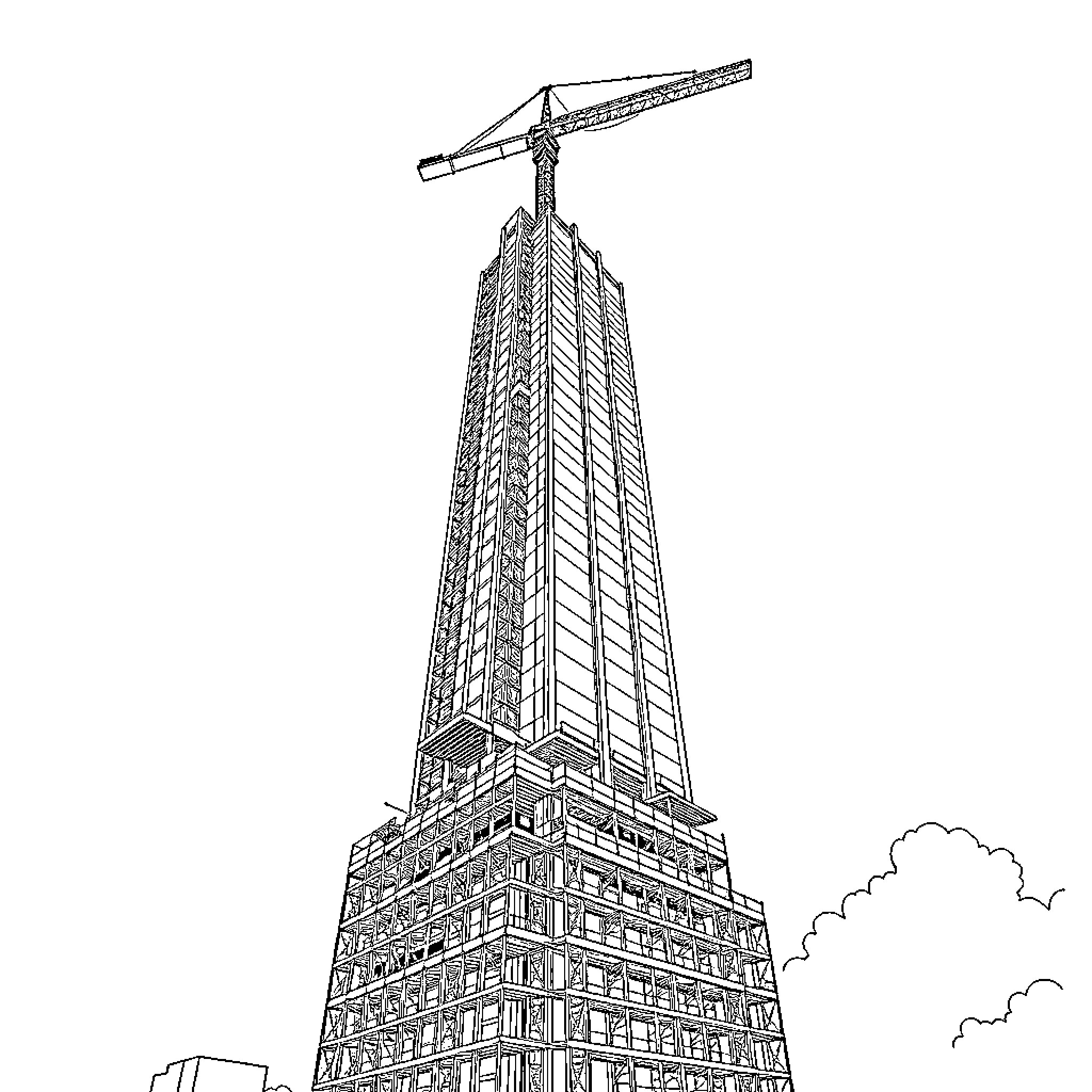 Building under construction with crane on top Coloring Page (free black-and-white line drawing printable PDF for all, from beginners to advanced learners, including children, teens, adults, and seniors)